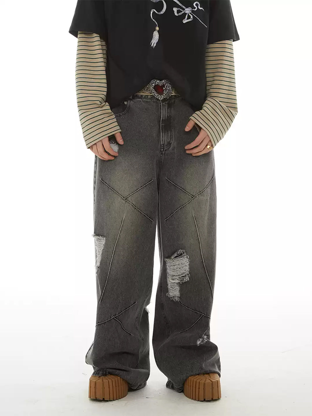 Cross Seam Washed Gray Distressed Wide Jeans - view 3