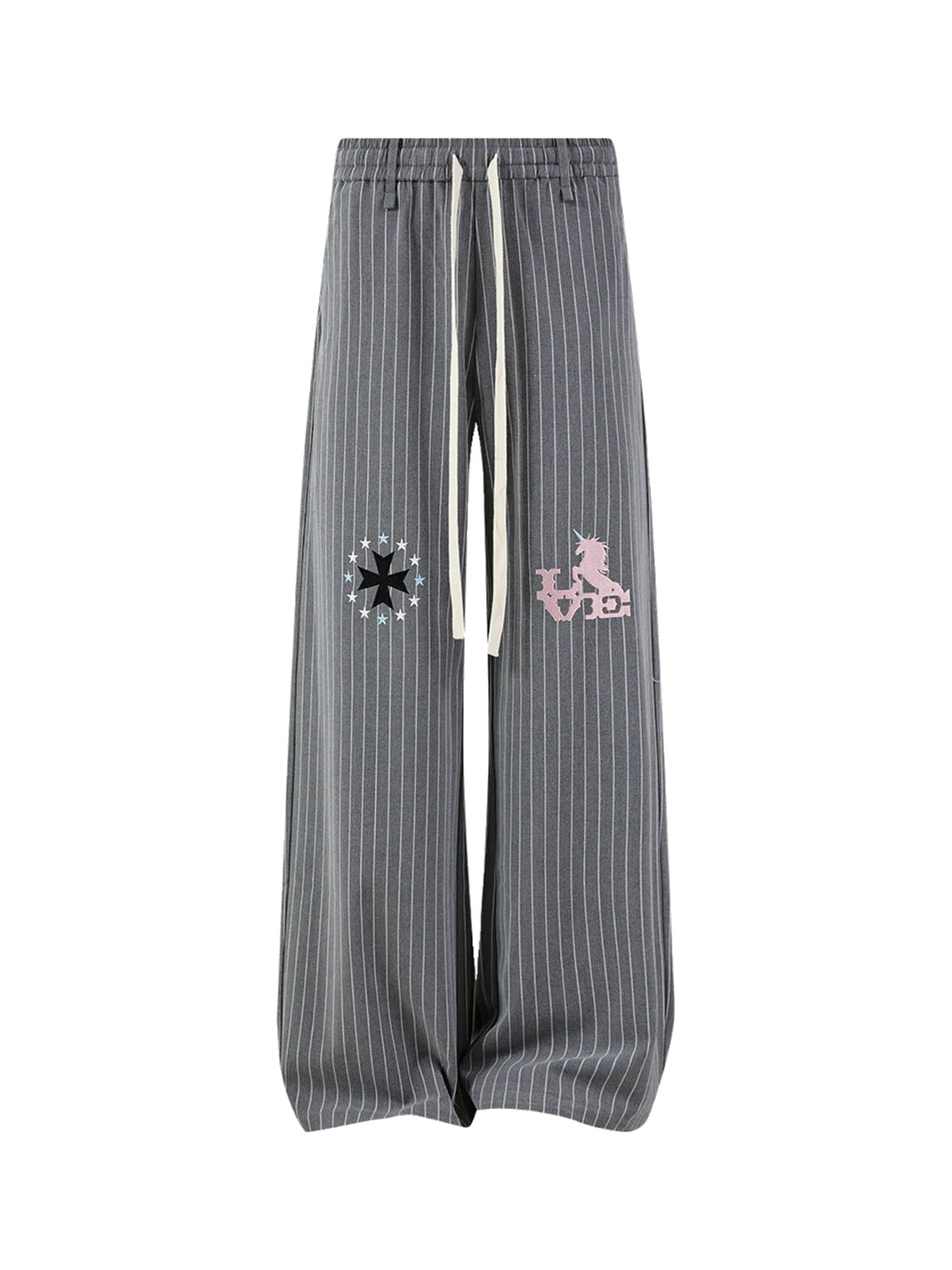 Embroidered Motif Pinstripe Drawstring Wide Leg Pants - view 1