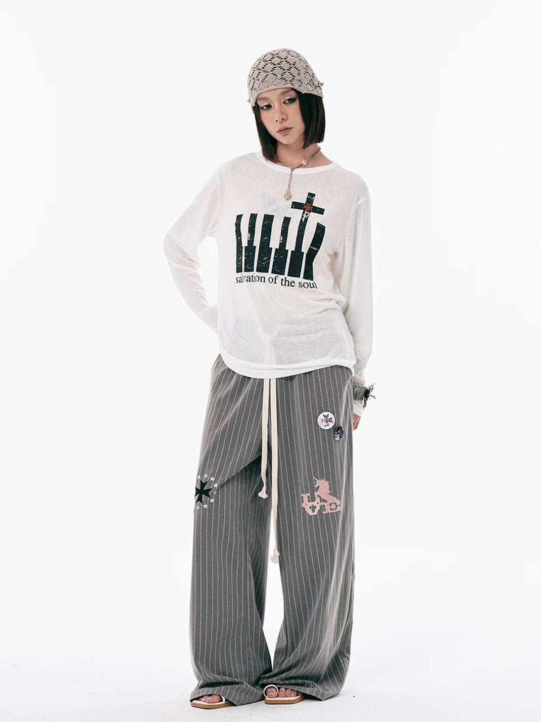 Embroidered Motif Pinstripe Drawstring Wide Leg Pants - view 7