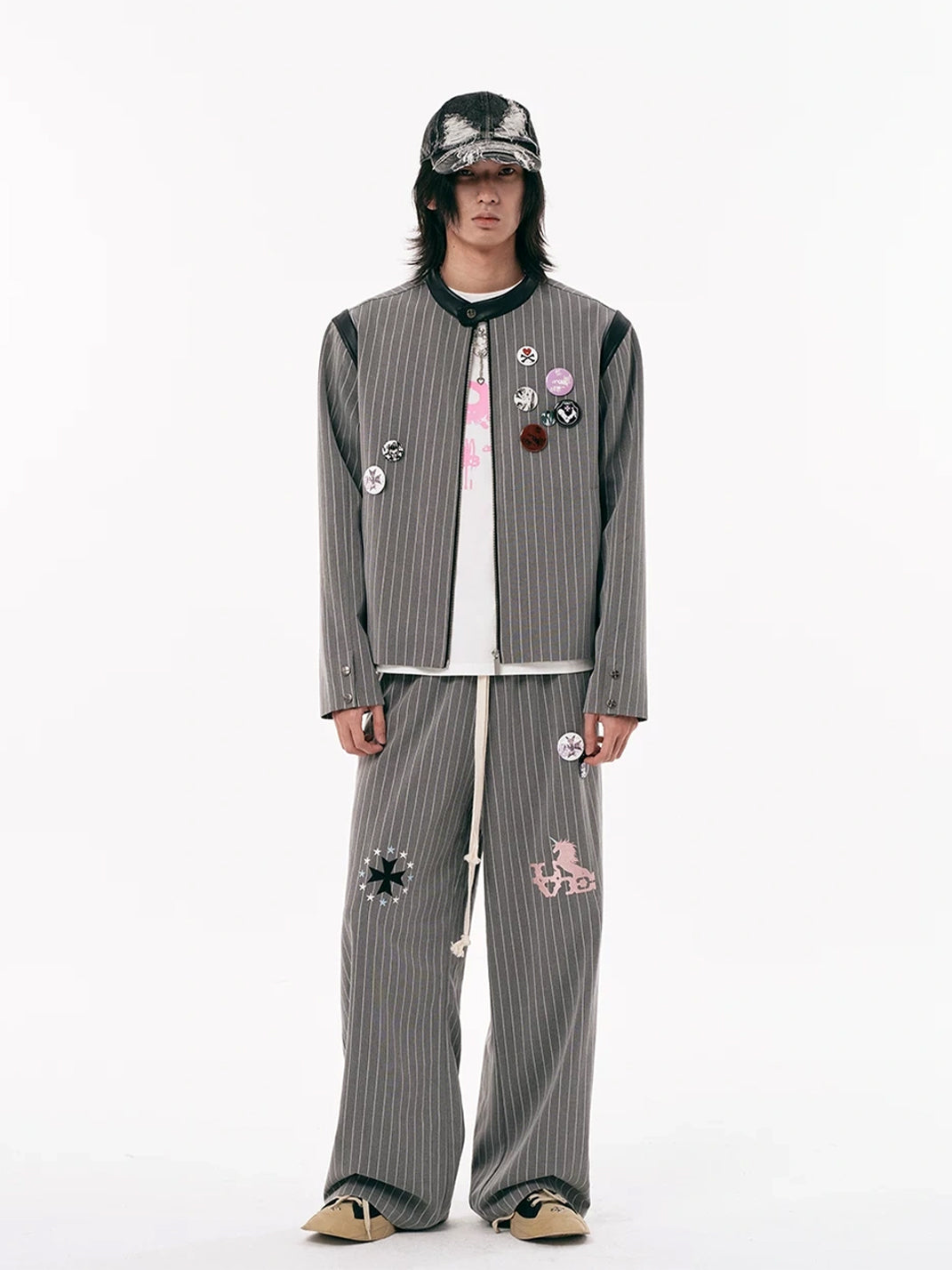 Embroidered Motif Pinstripe Drawstring Wide Leg Pants - view 9