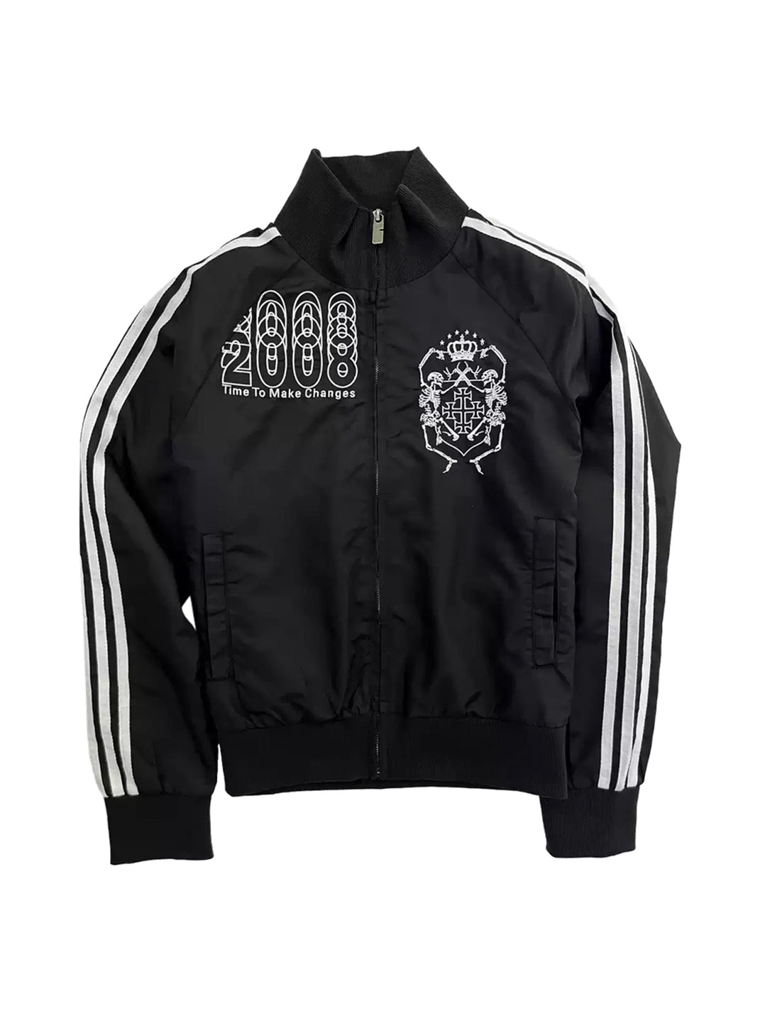 Skull Embroidered Striped Sleeve Zip Jacket - front view