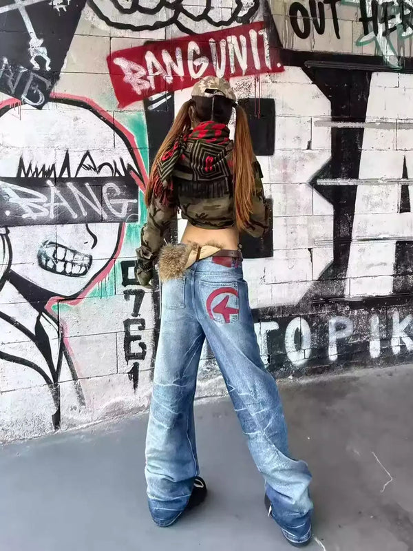 Ice Blue Lightning Stitch Baggy Jeans
