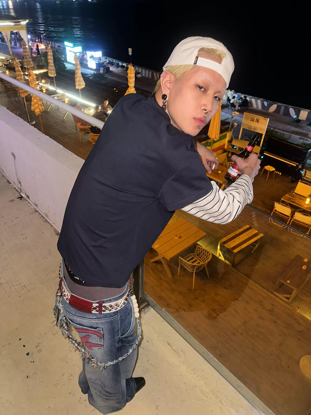 Ice Blue Lightning Stitch Baggy Jeans - product view 5