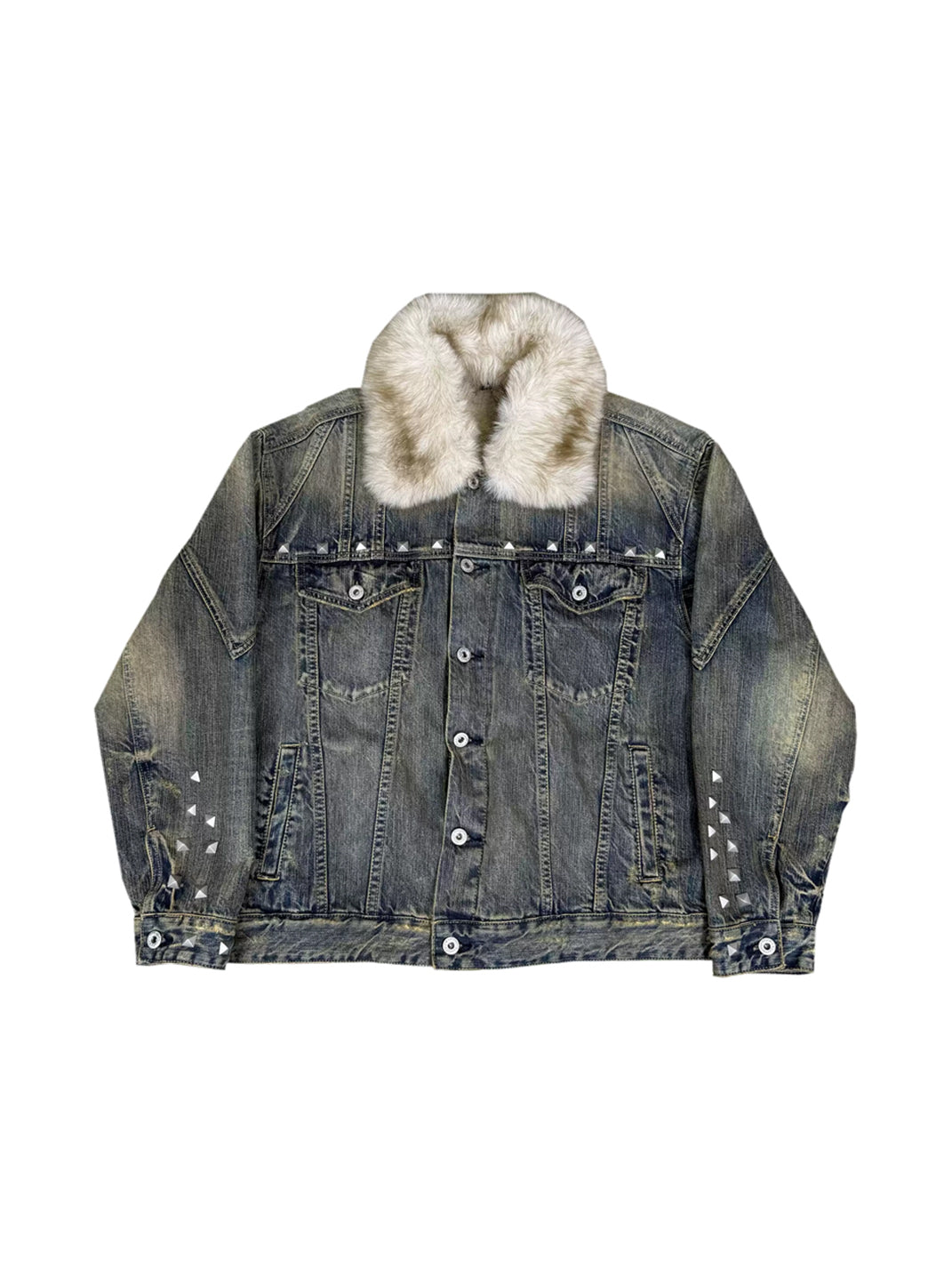 Studded Denim Jacket With Plush Collar - product view 1