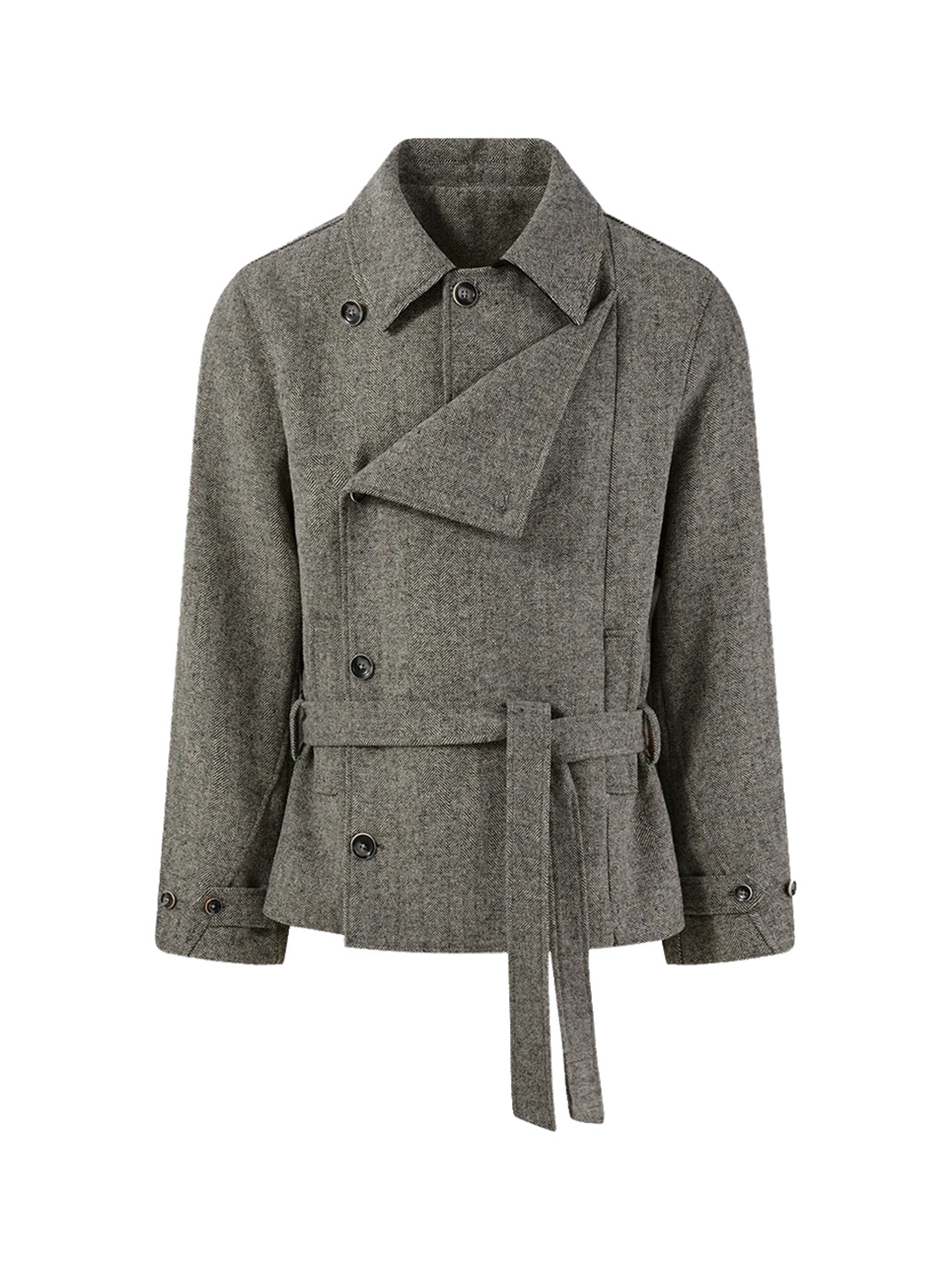 Belted Herringbone Wool Blend Short Jacket - front view
