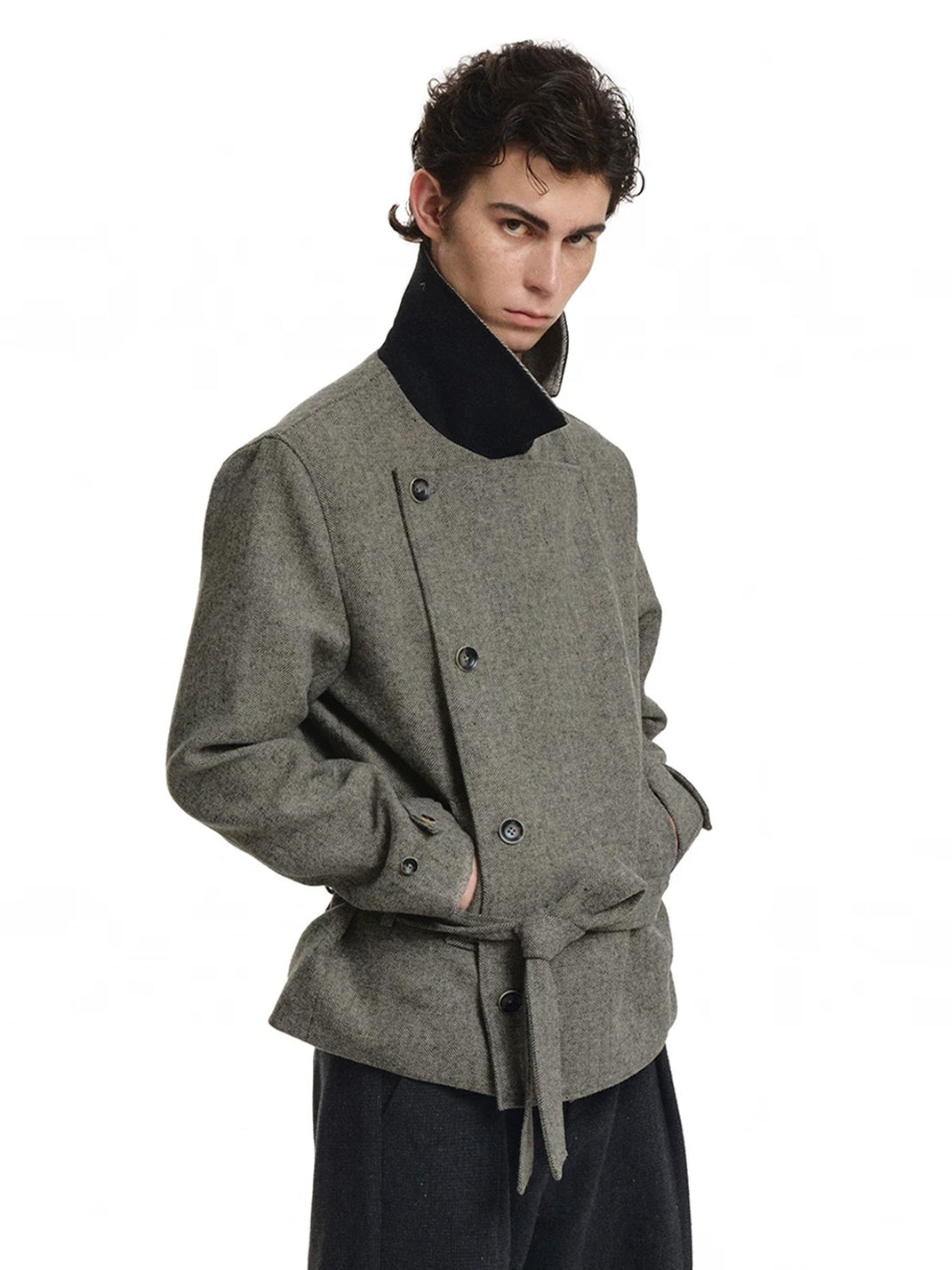 Belted Herringbone Wool Blend Short Jacket - product view 3