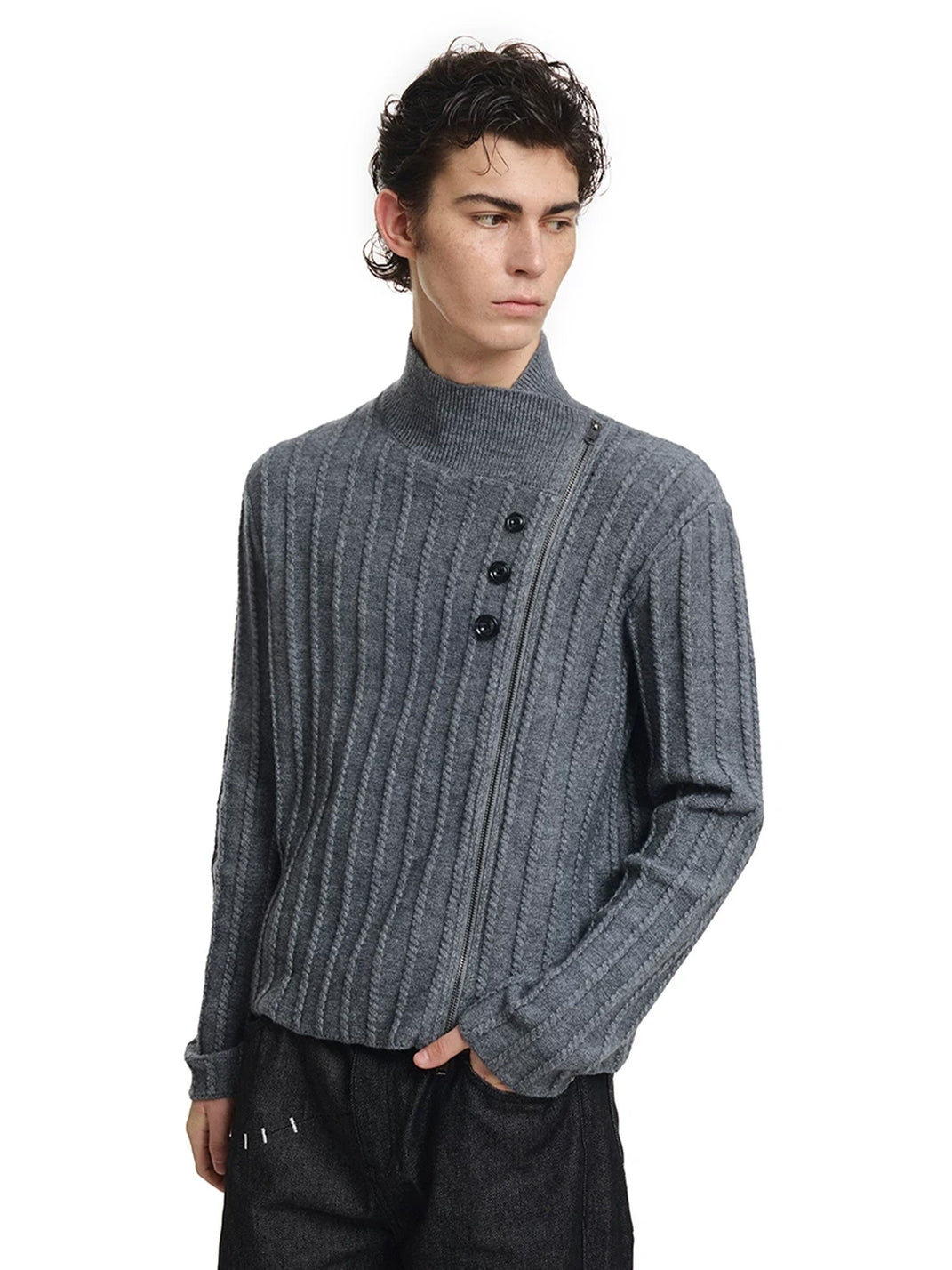 Offset Zip Cable Knit High Neck Sweater - product view 2