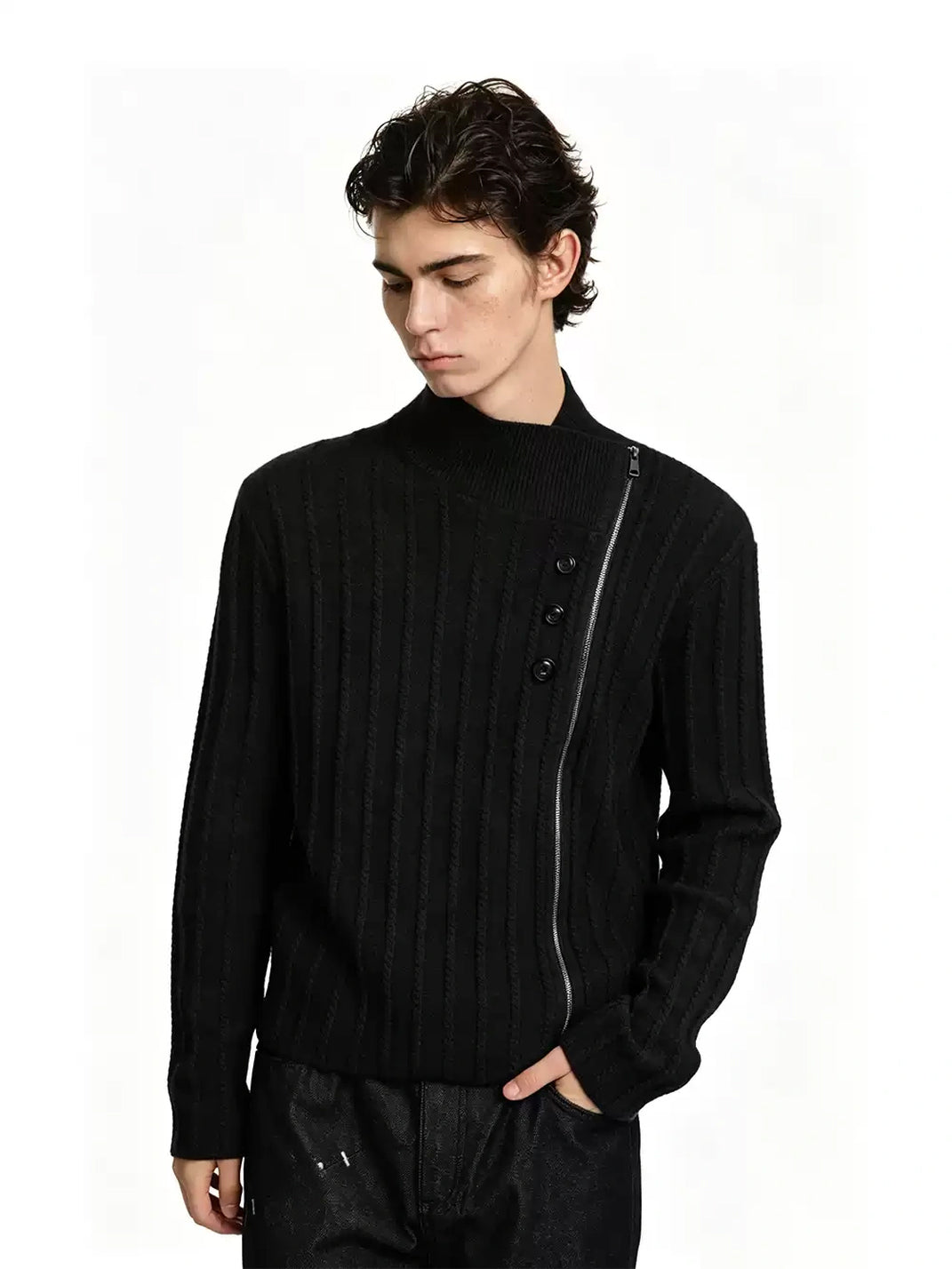 Offset Zip Cable Knit High Neck Sweater - product view 7