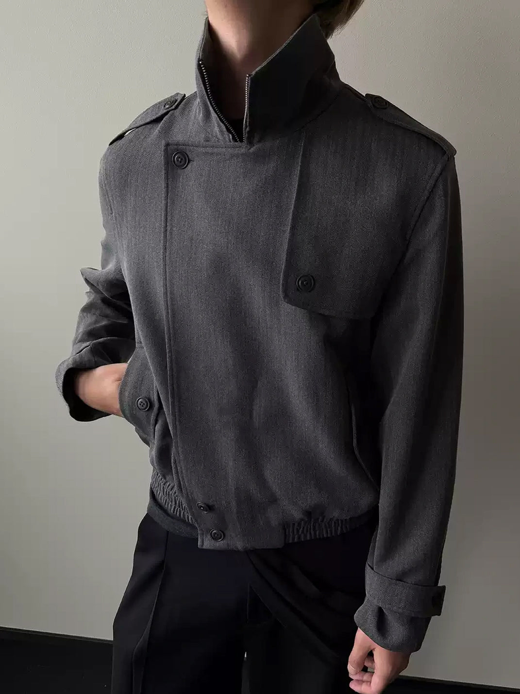 Layered Placket Cropped Herringbone Zip Jacket - product view 3