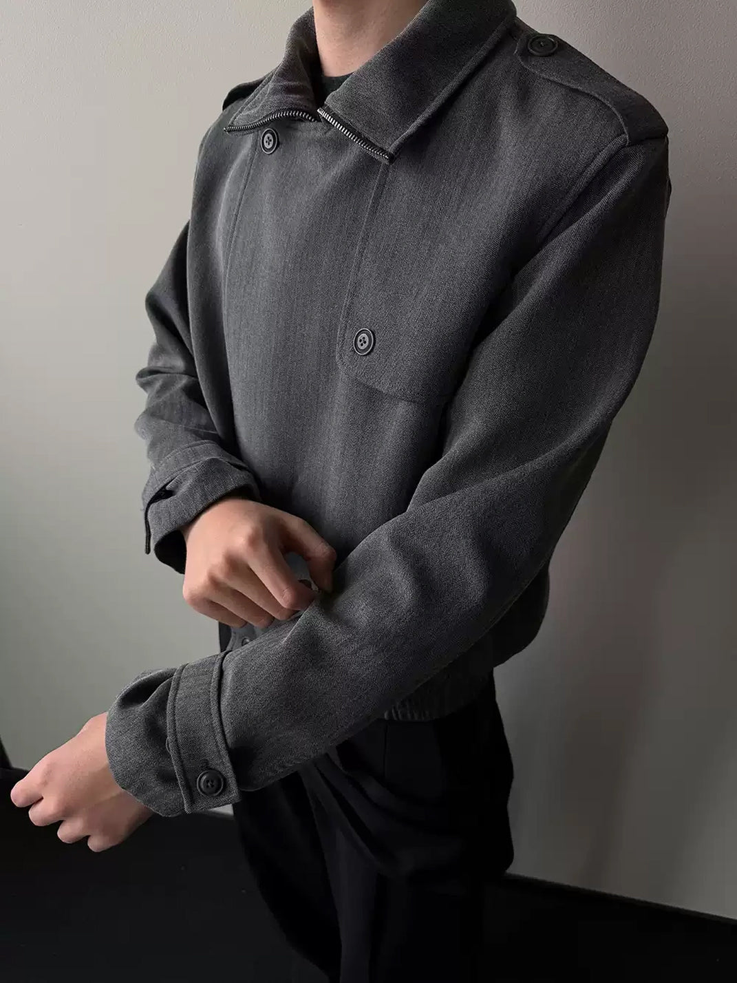Layered Placket Cropped Herringbone Zip Jacket - product view 4