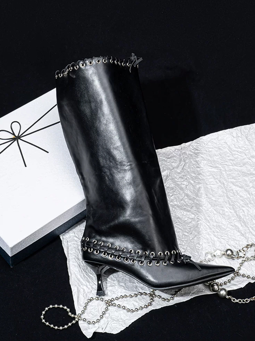 Eyelet Bow Lace-Up Knee-High Boots - product view 3