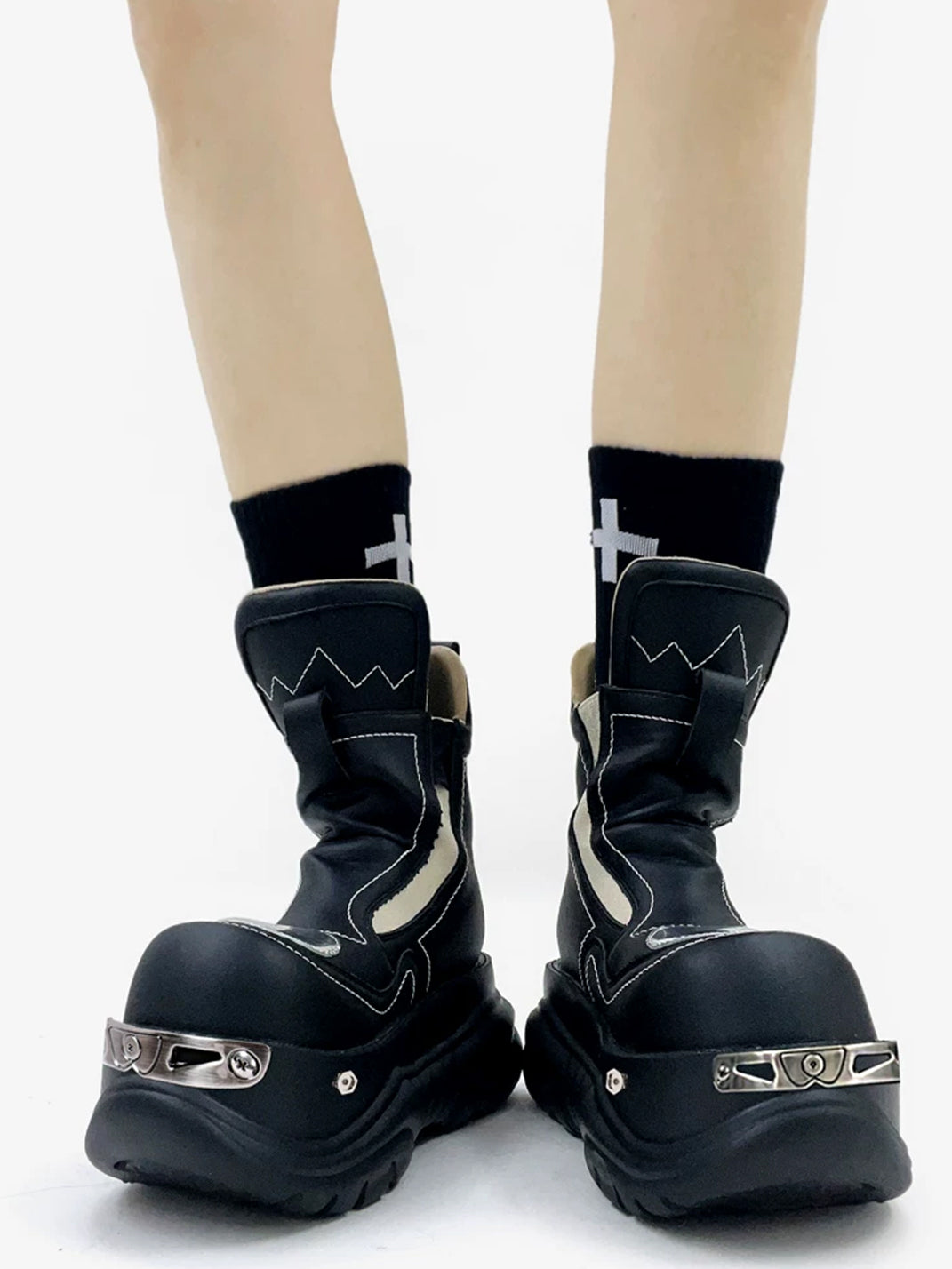 Contrast-Panel Wave-Sole Platform Ankle Boots - product view 3