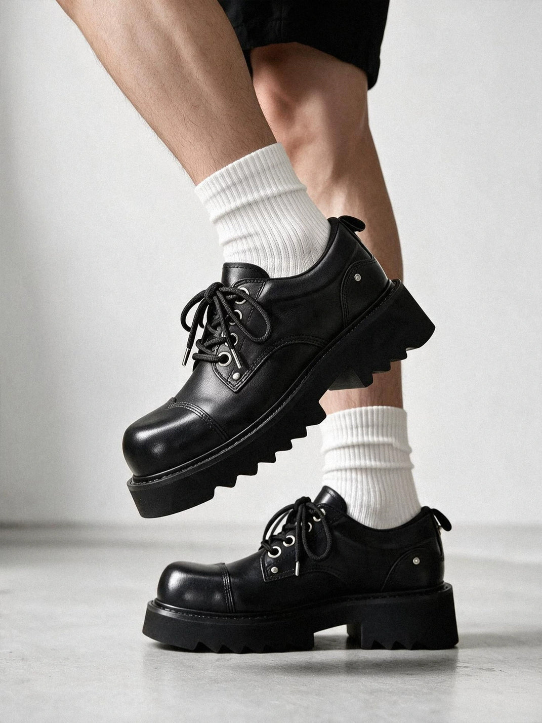 Rivet Eyelet Black Leather Lug Sole Derbies - product view 2
