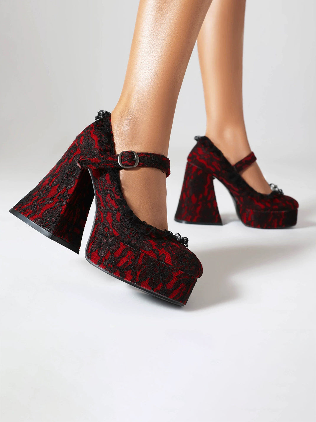Ruffled Lace Buckle Strap Platform Heels - product view 2