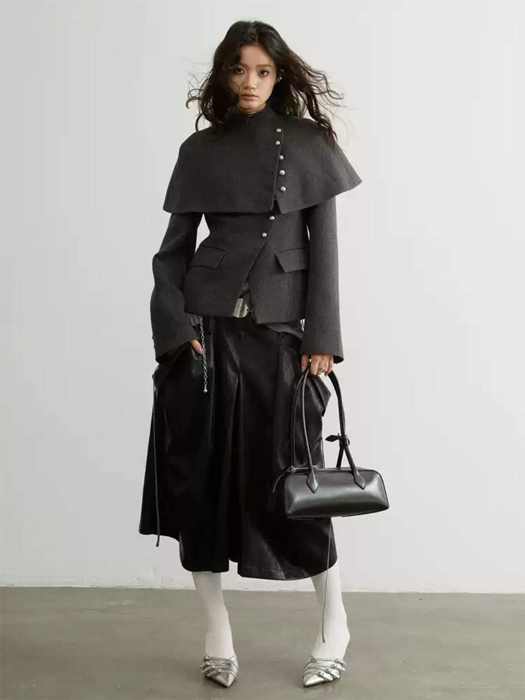 Detachable Cape Stand Collar Short Jacket - product view 3