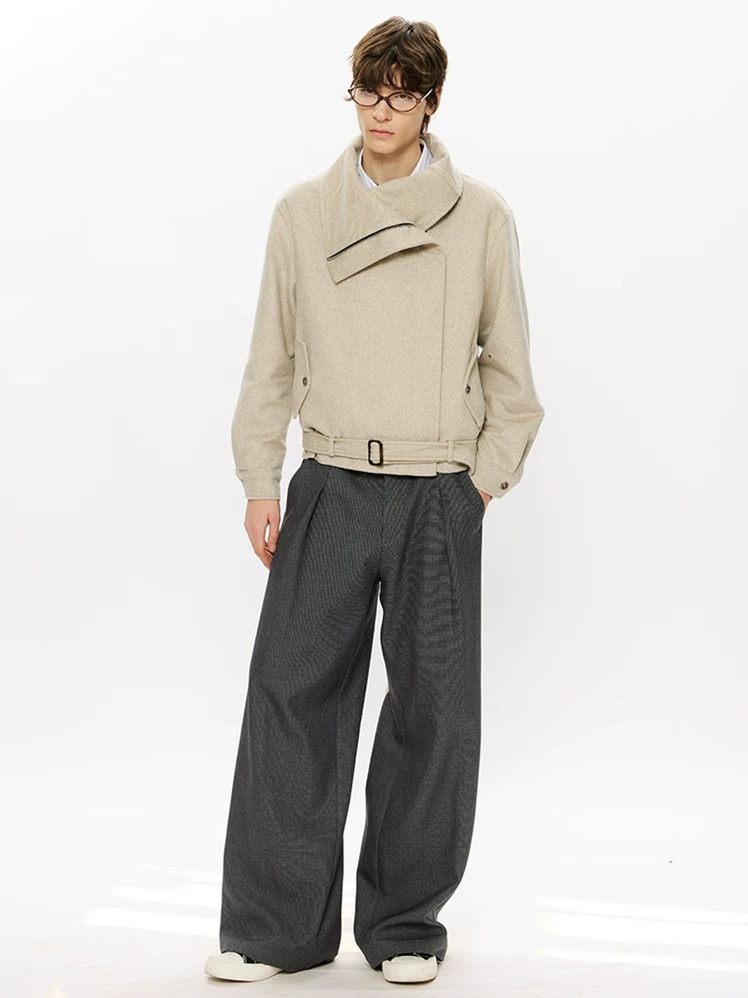 Belted Foldover Collar Wool Blend Jacket - product view 5