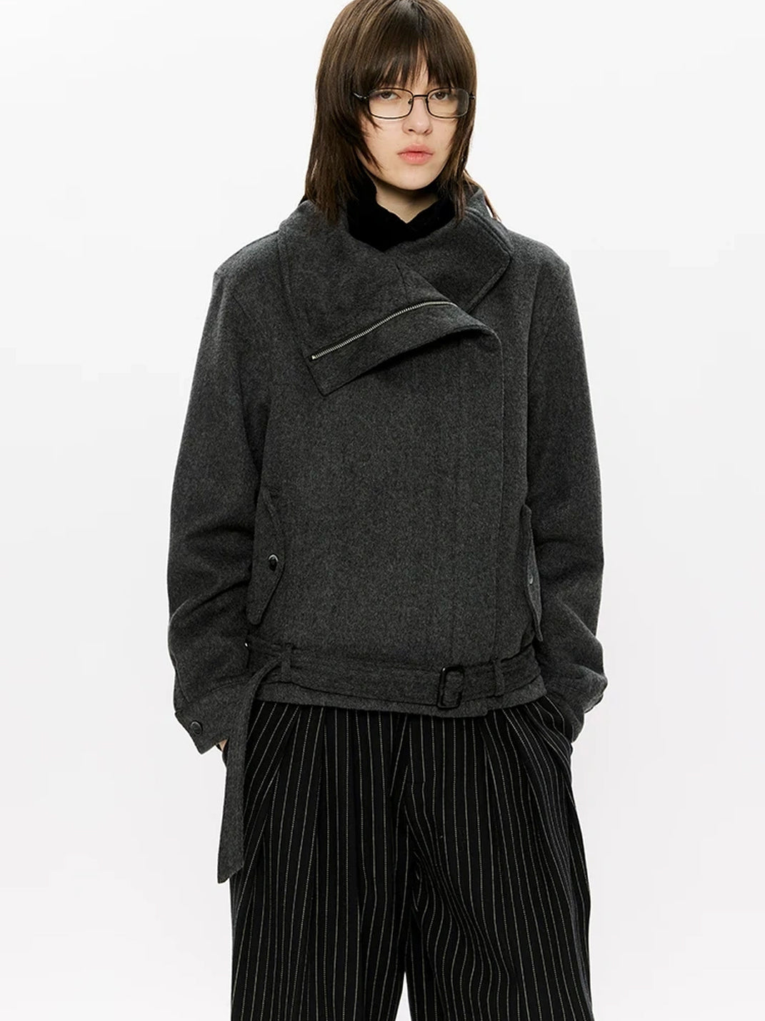 Belted Foldover Collar Wool Blend Jacket - product view 7