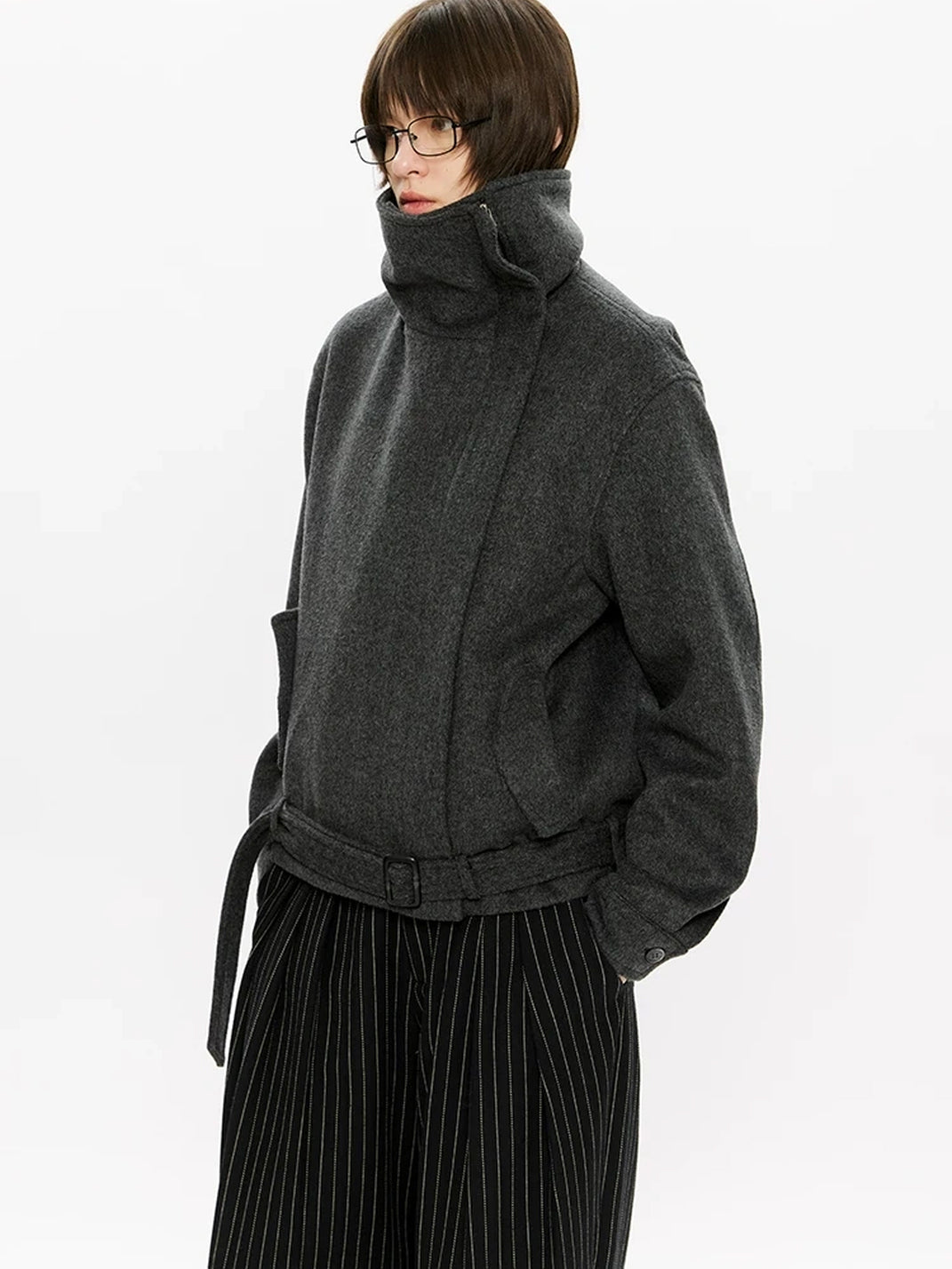 Belted Foldover Collar Wool Blend Jacket - product view 9