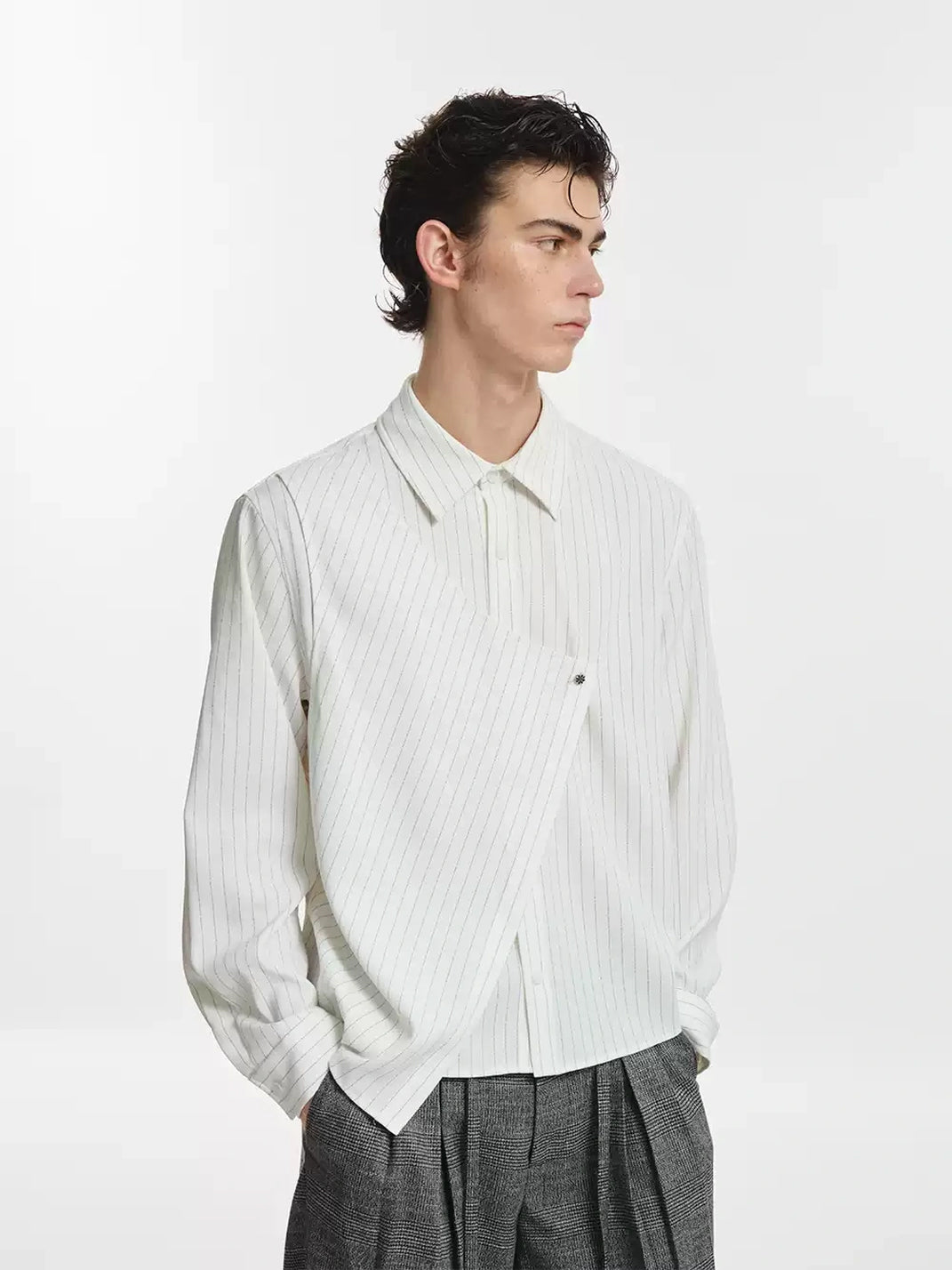 Asymmetric Overlap Pinstripe Long Sleeve Shirt - view 2