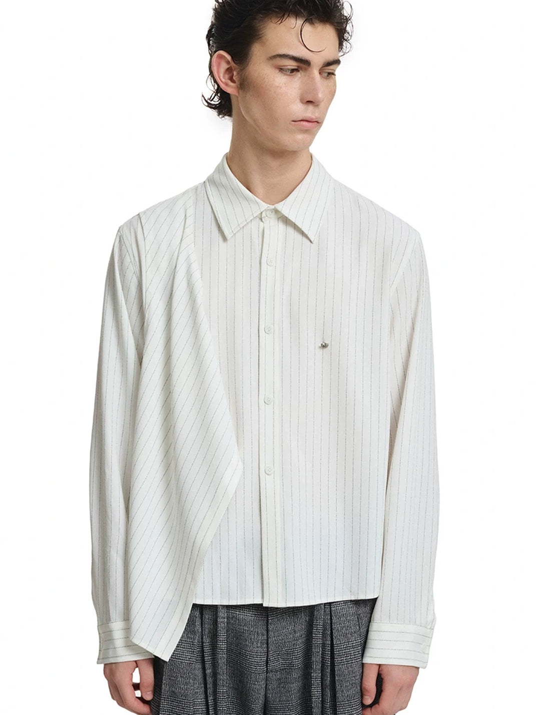 Asymmetric Overlap Pinstripe Long Sleeve Shirt - view 4
