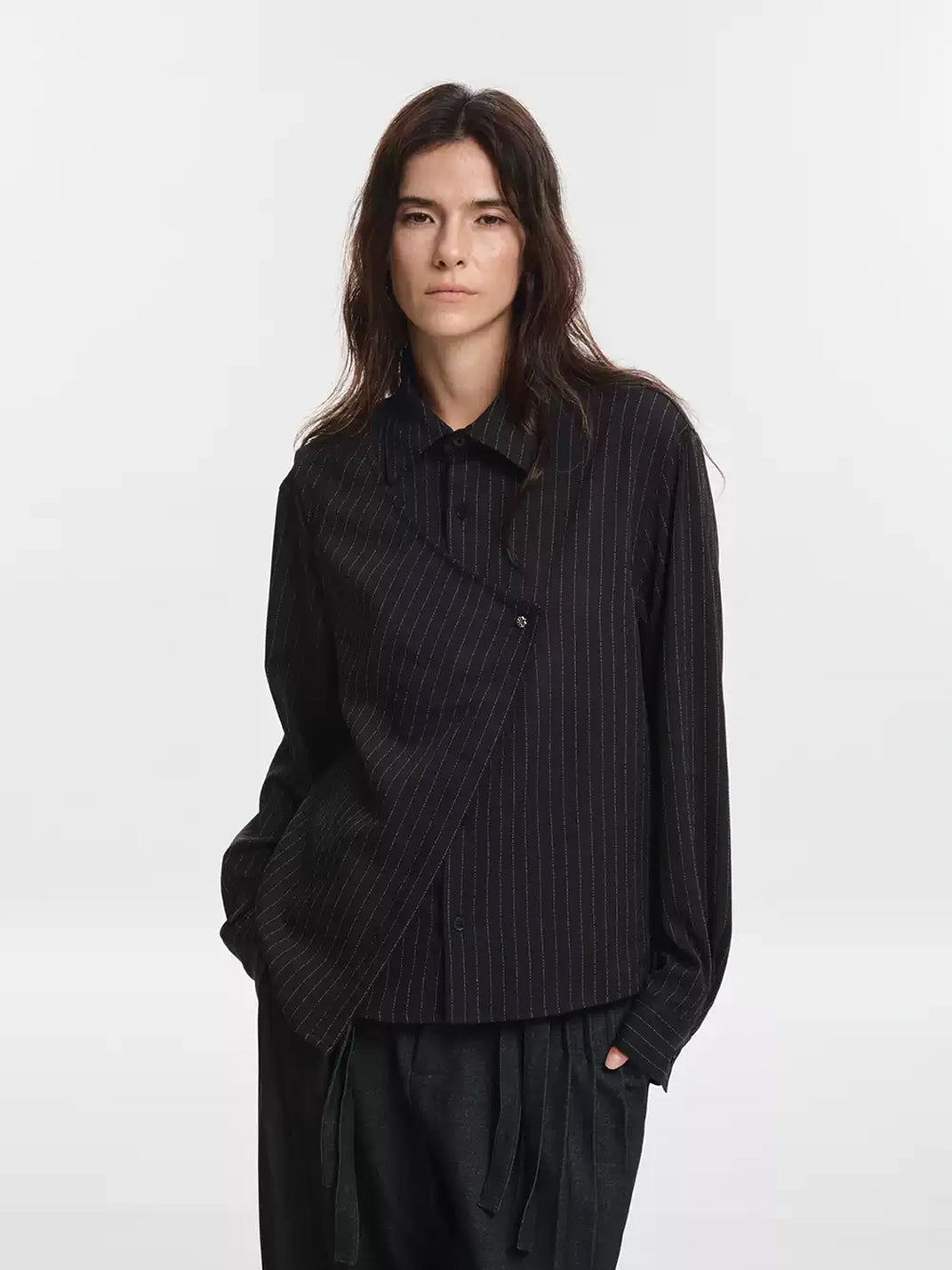 Asymmetric Overlap Pinstripe Long Sleeve Shirt - view 6