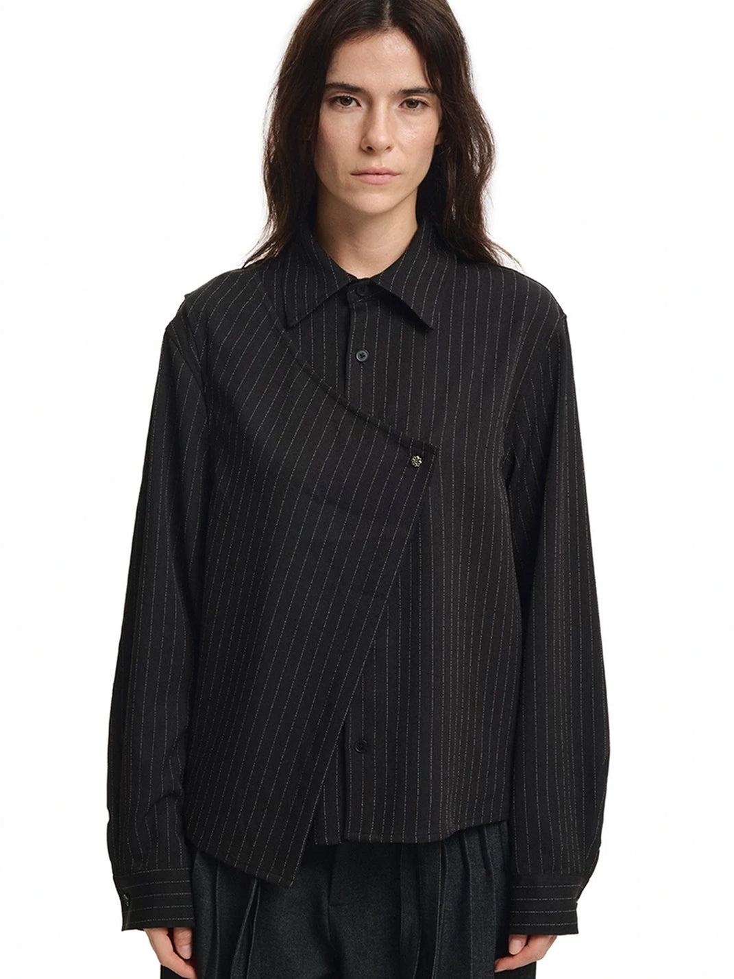 Asymmetric Overlap Pinstripe Long Sleeve Shirt - view 7