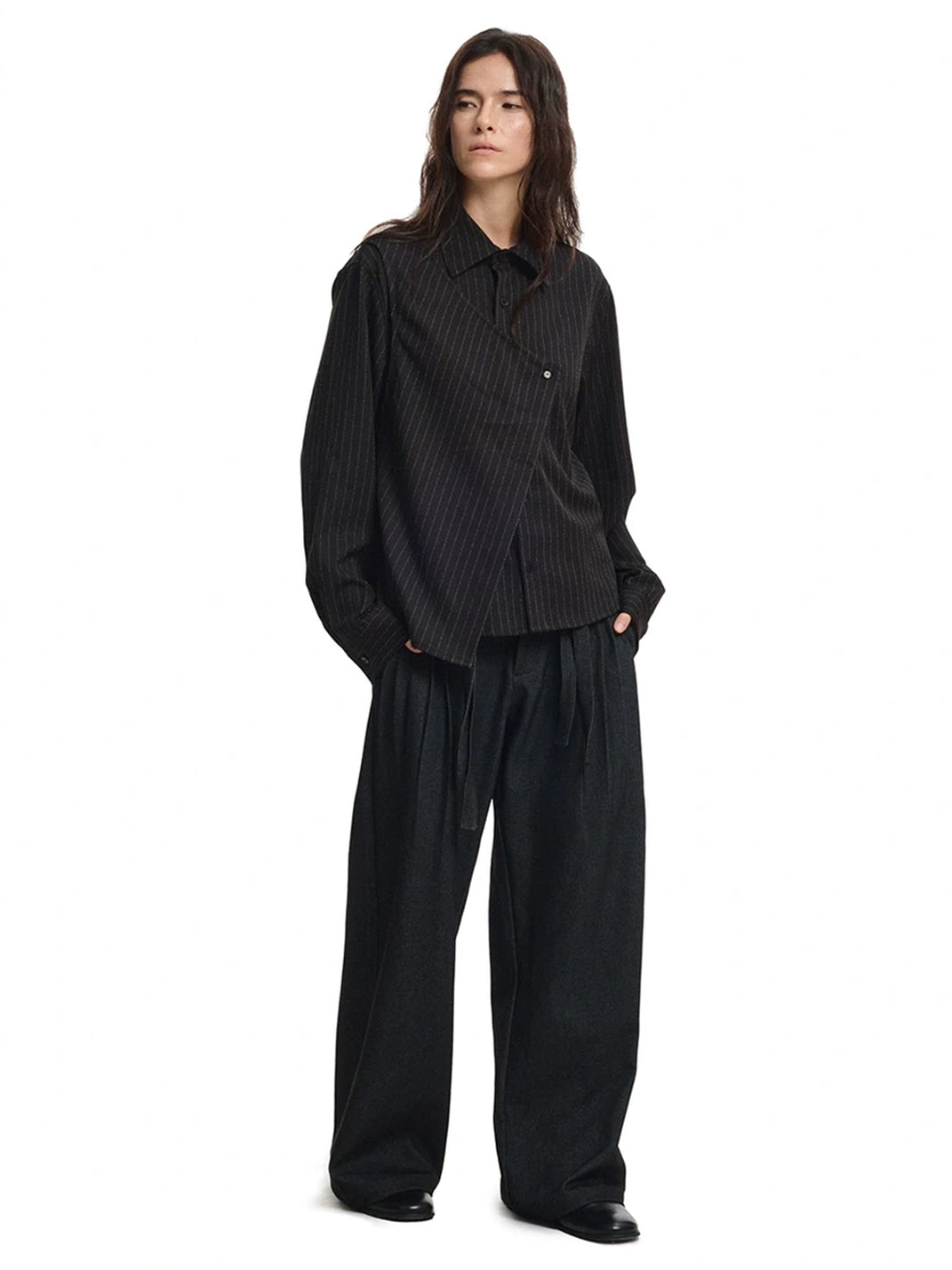Asymmetric Overlap Pinstripe Long Sleeve Shirt - view 8