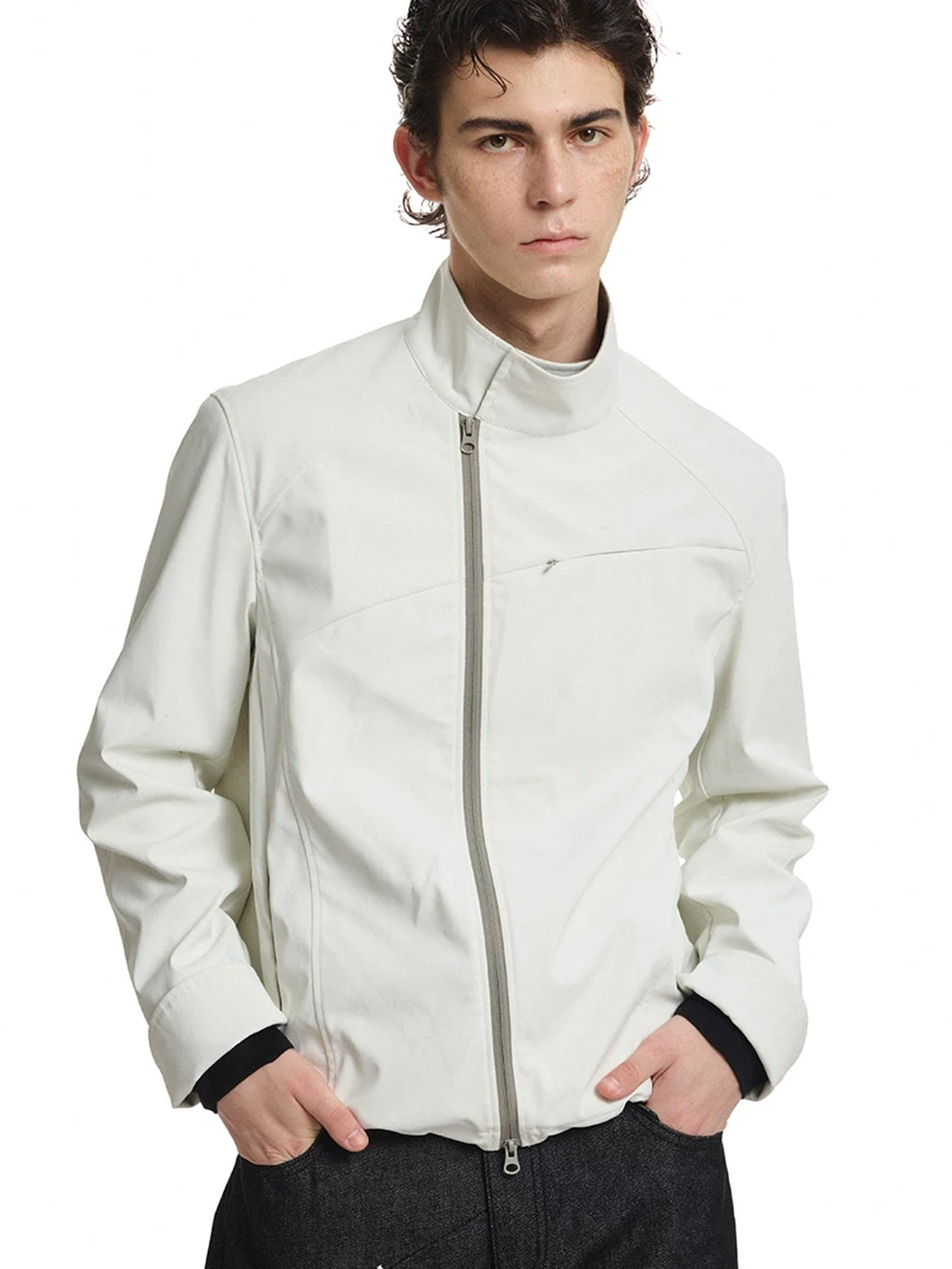 Contrast Cuff Stand Collar Zip Jacket - product view 3