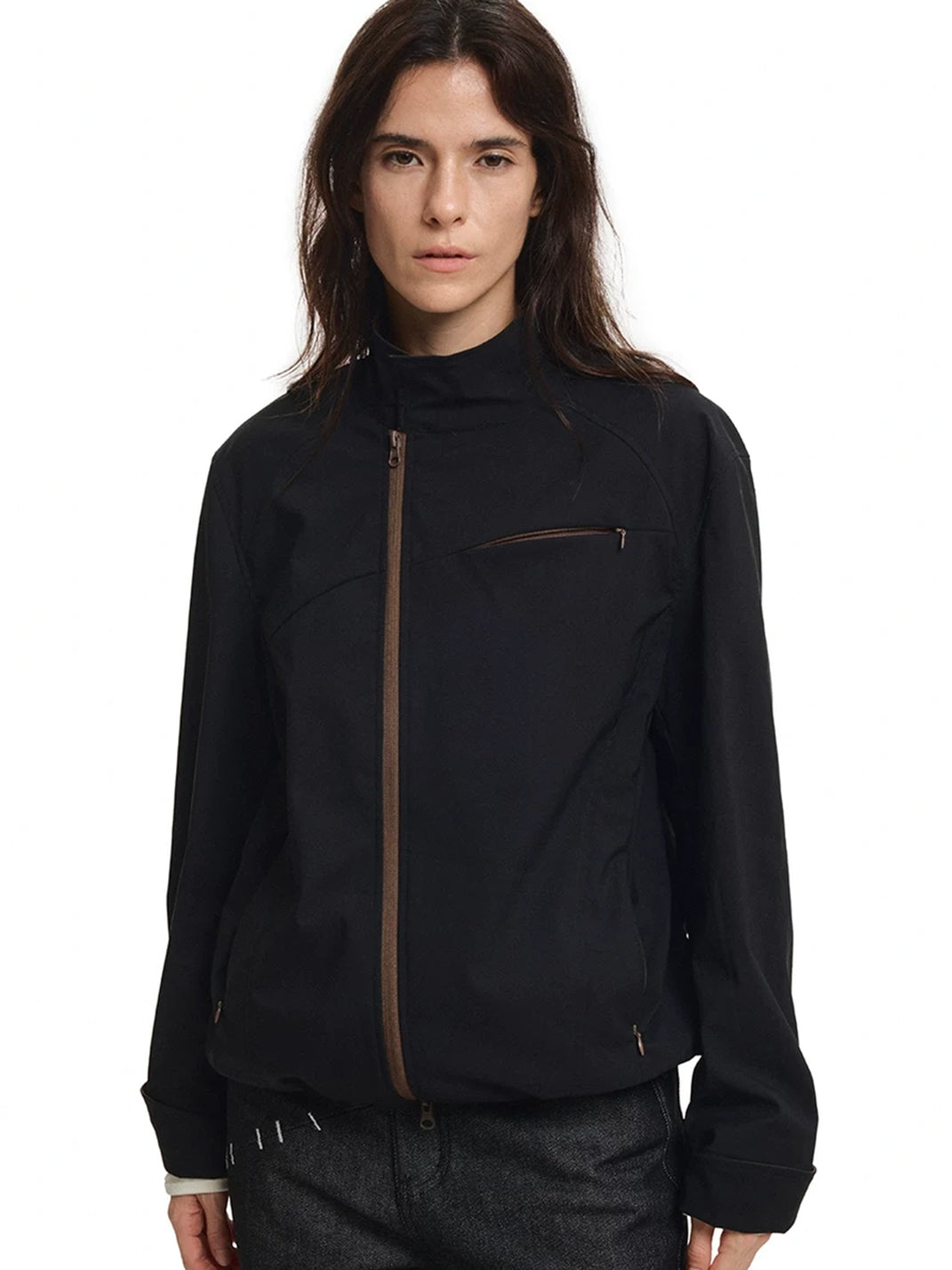 Contrast Cuff Stand Collar Zip Jacket - product view 8