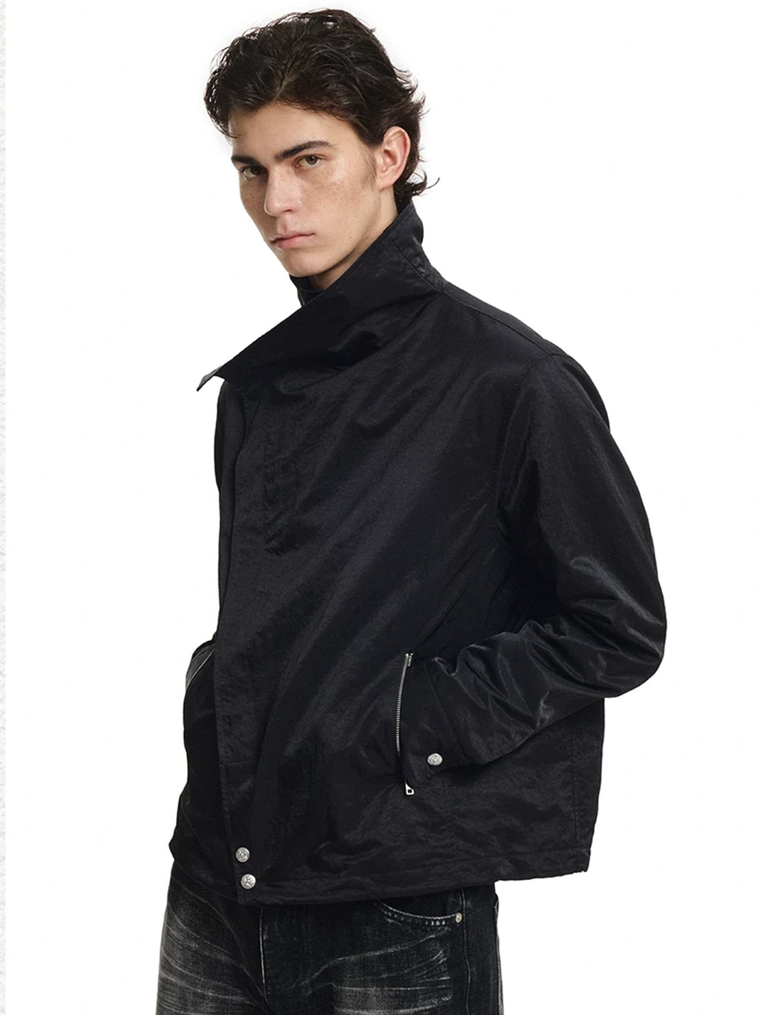 Foldover Collar Asymmetric Black Zip Jacket - product view 4