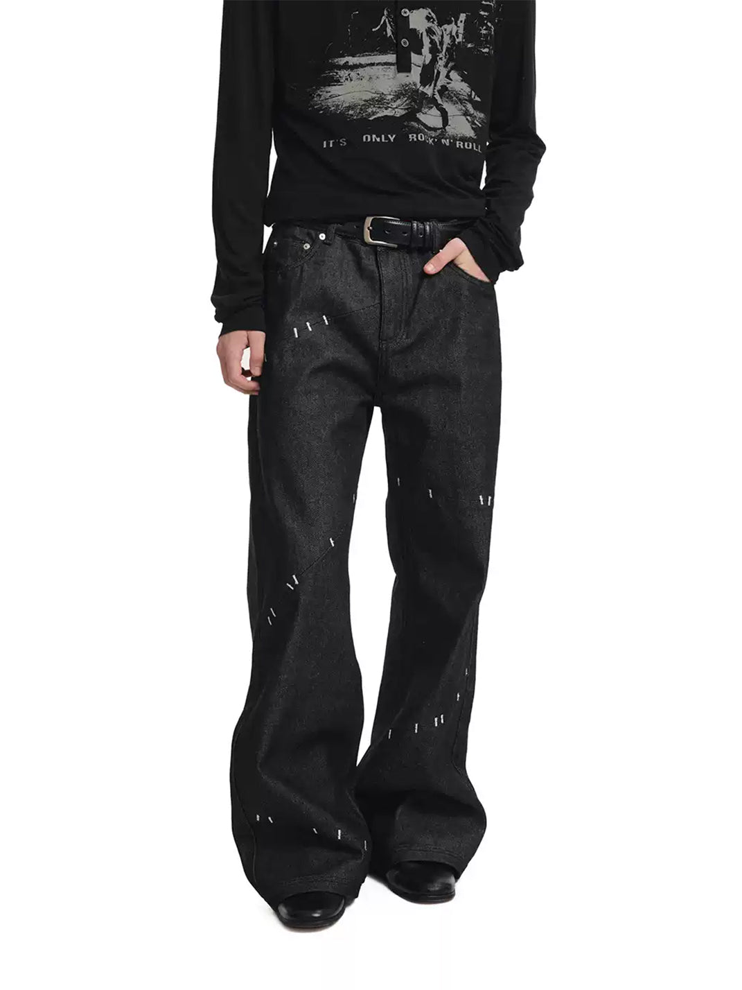 Diagonal Panel Contrast Stitch Wide Leg Jeans - view 2