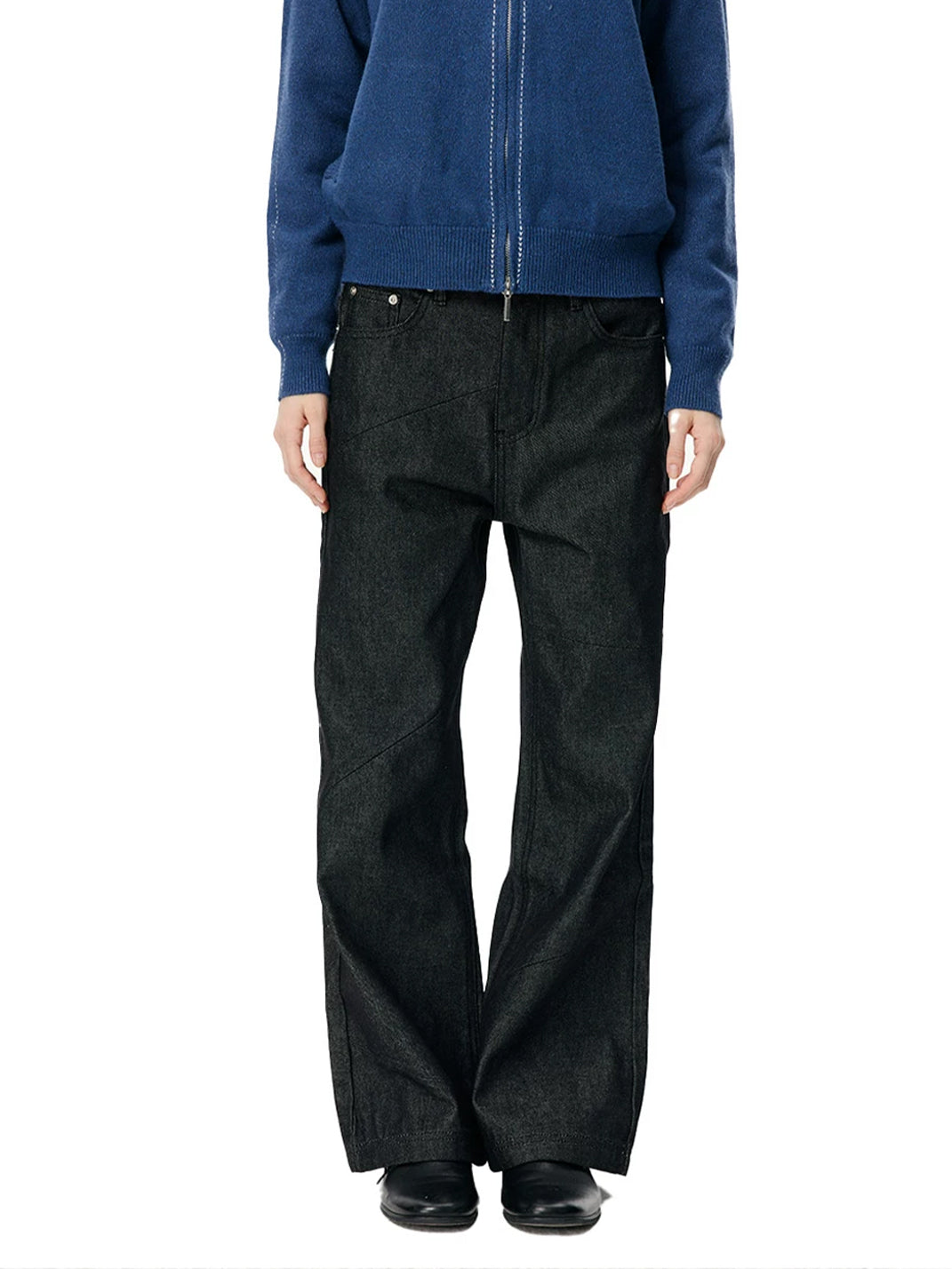 Diagonal Panel Contrast Stitch Wide Leg Jeans - view 4