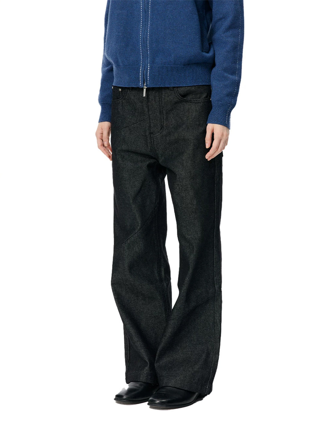 Diagonal Panel Contrast Stitch Wide Leg Jeans - view 5