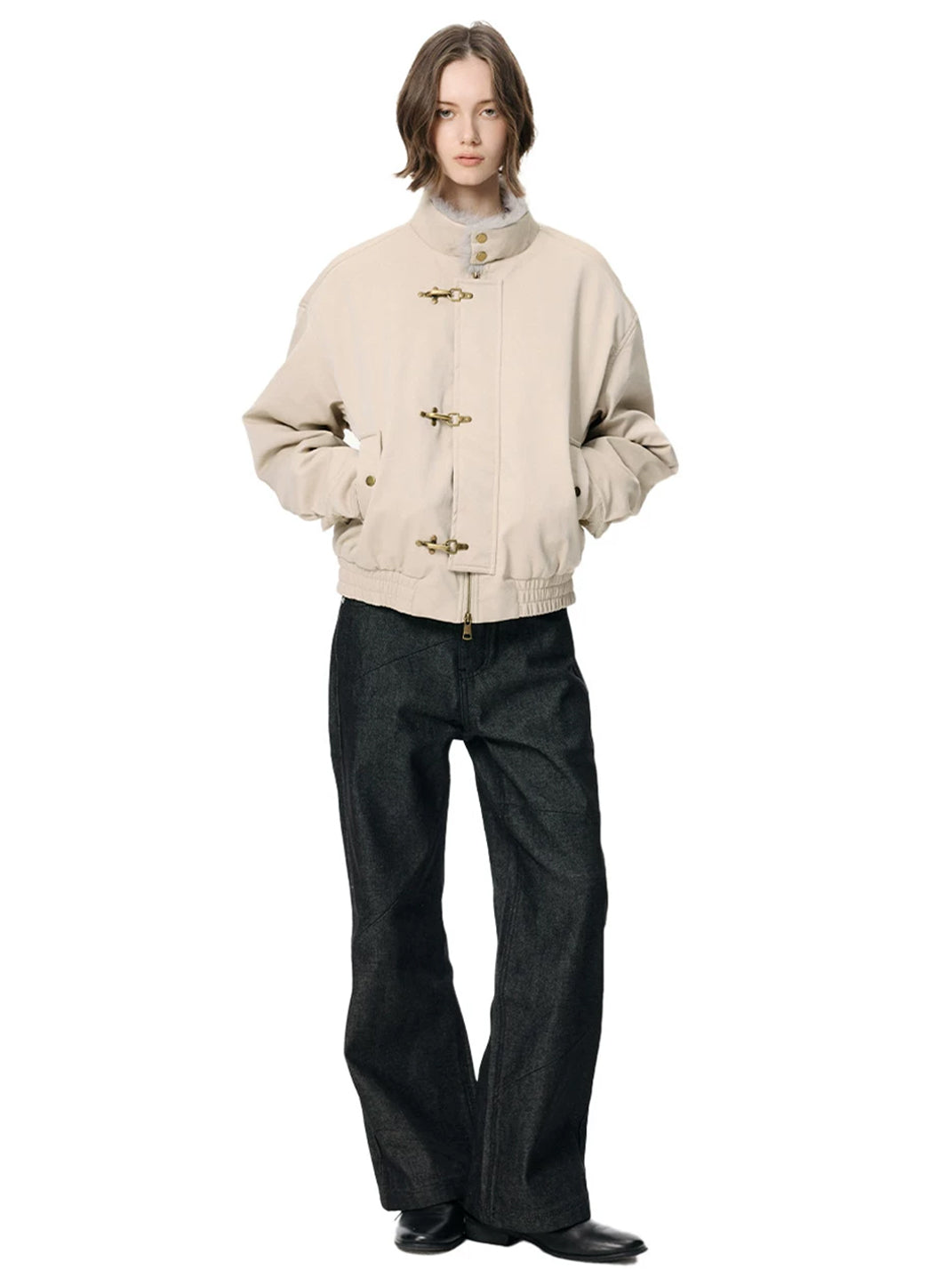 Diagonal Panel Contrast Stitch Wide Leg Jeans - view 9
