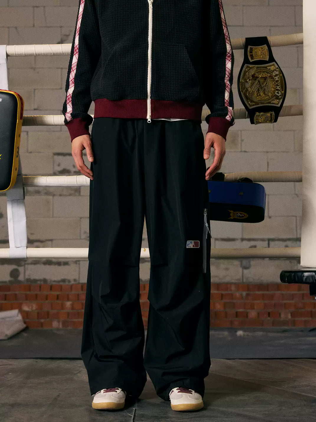 Drawcord Hem Contrast Zip Parachute Pants - product view 1