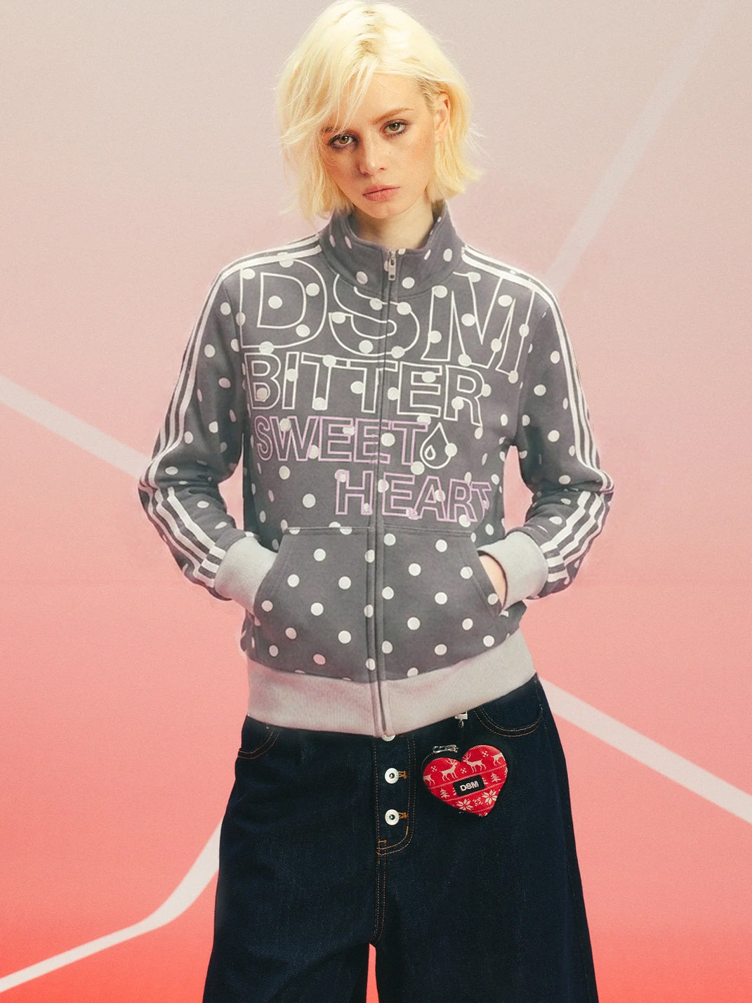 Polka Dot Stripe Sleeve Zip Jacket - product view 10