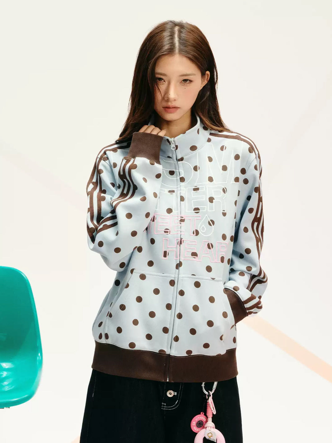 Polka Dot Stripe Sleeve Zip Jacket - product view 2