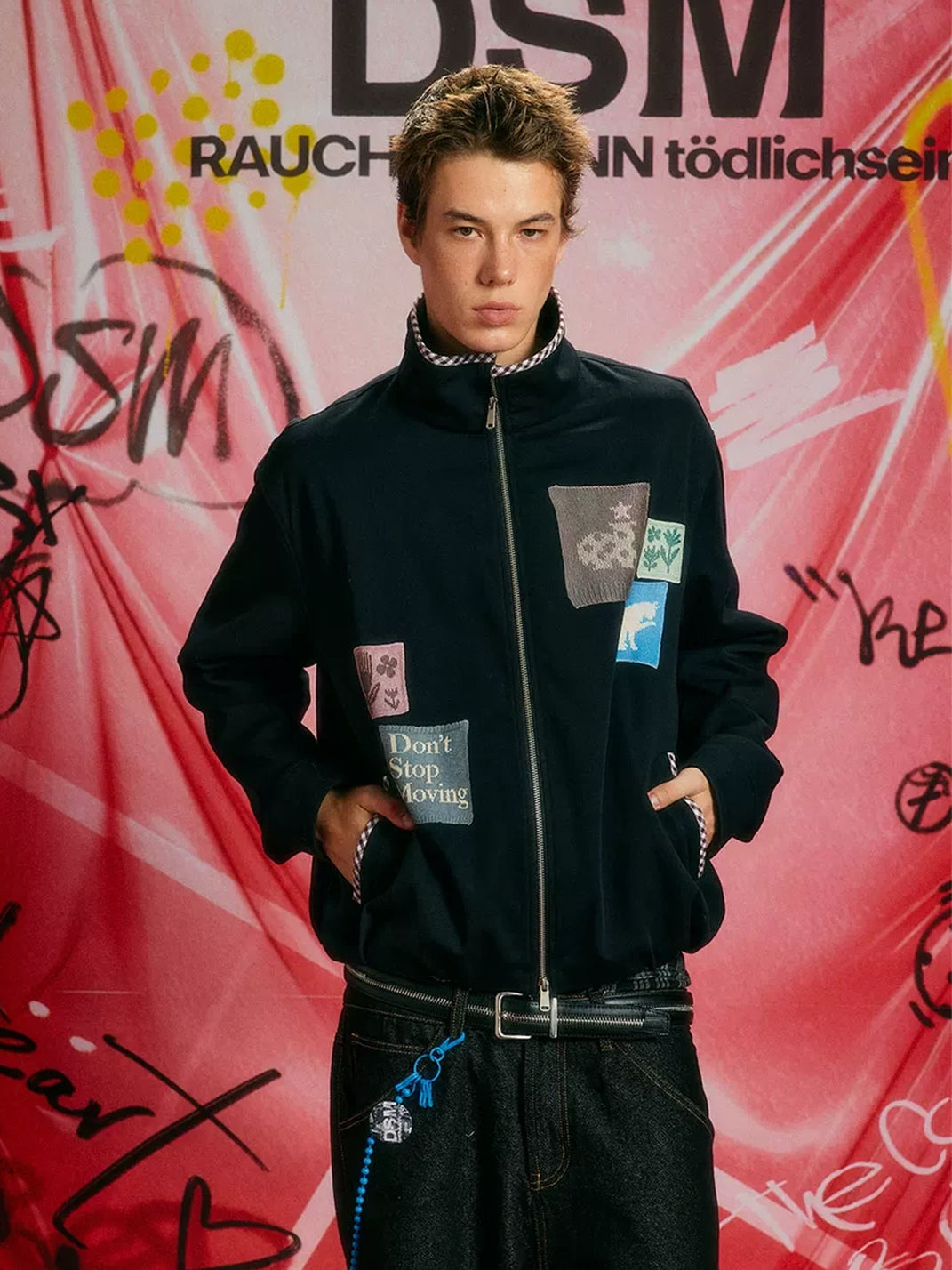Check Trim Patchwork Stand Collar Jacket - product view 3