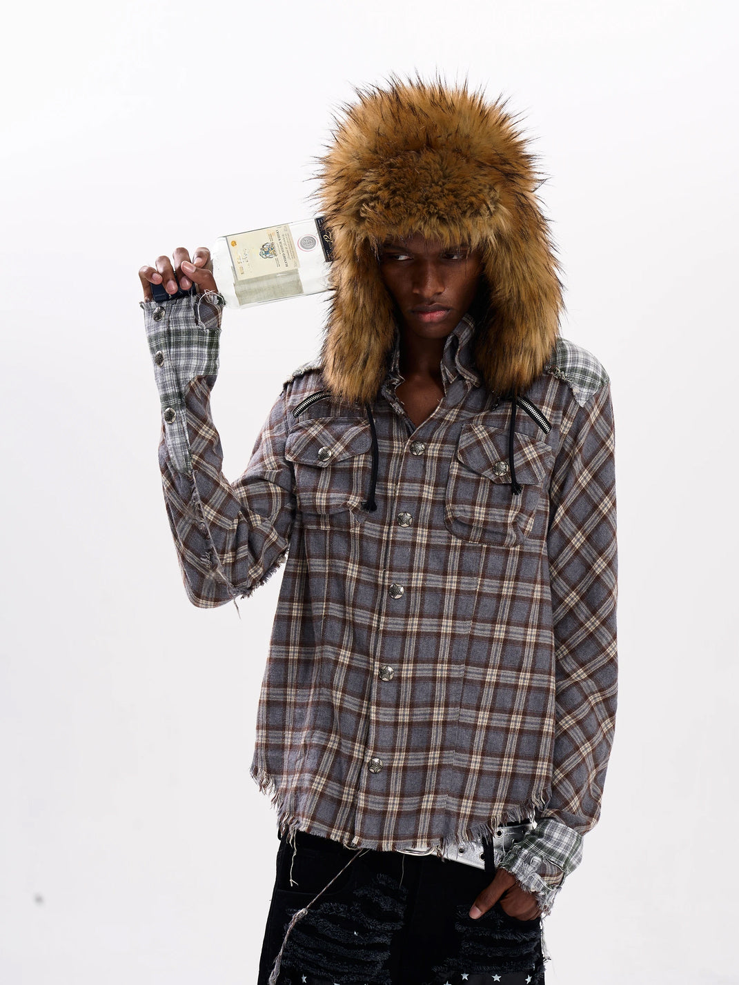 Frayed Plaid Cotton Shoulder Zip Shacket - product view 1