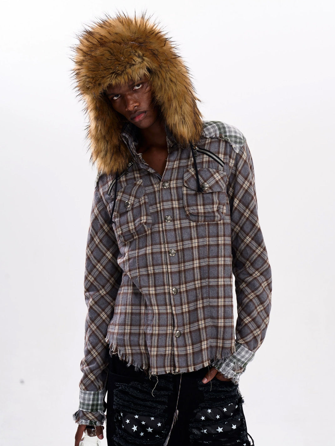 Frayed Plaid Cotton Shoulder Zip Shacket - product view 2