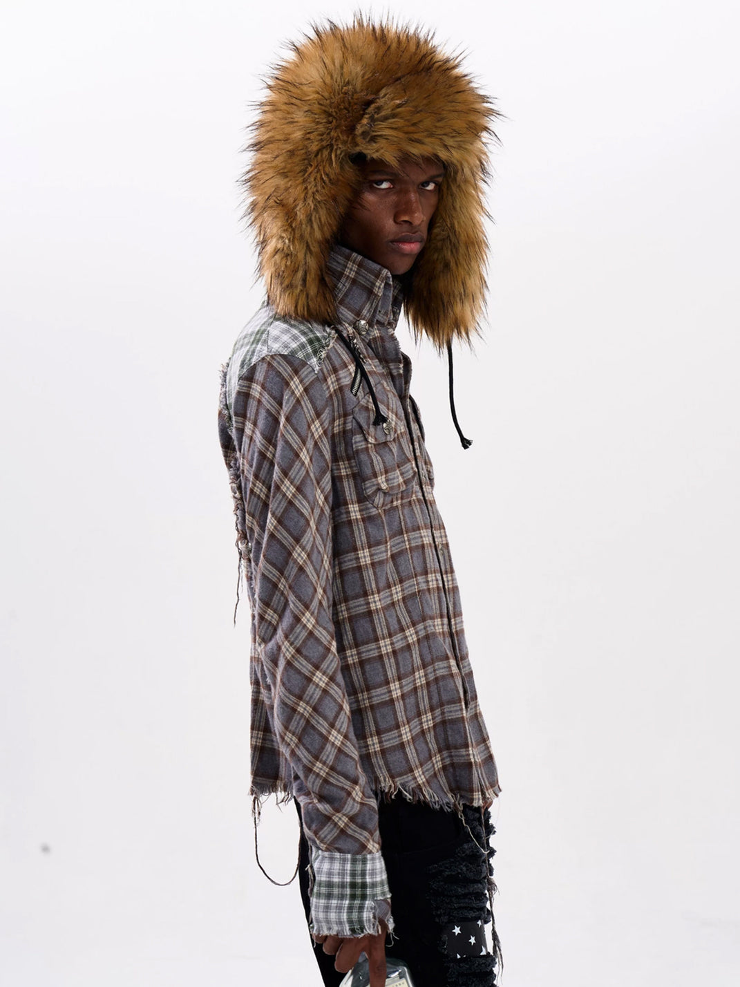 Frayed Plaid Cotton Shoulder Zip Shacket - product view 5