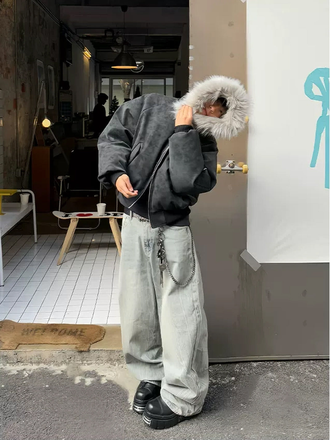 Charcoal Plush Hood Raglan Bomber Jacket - product view 7