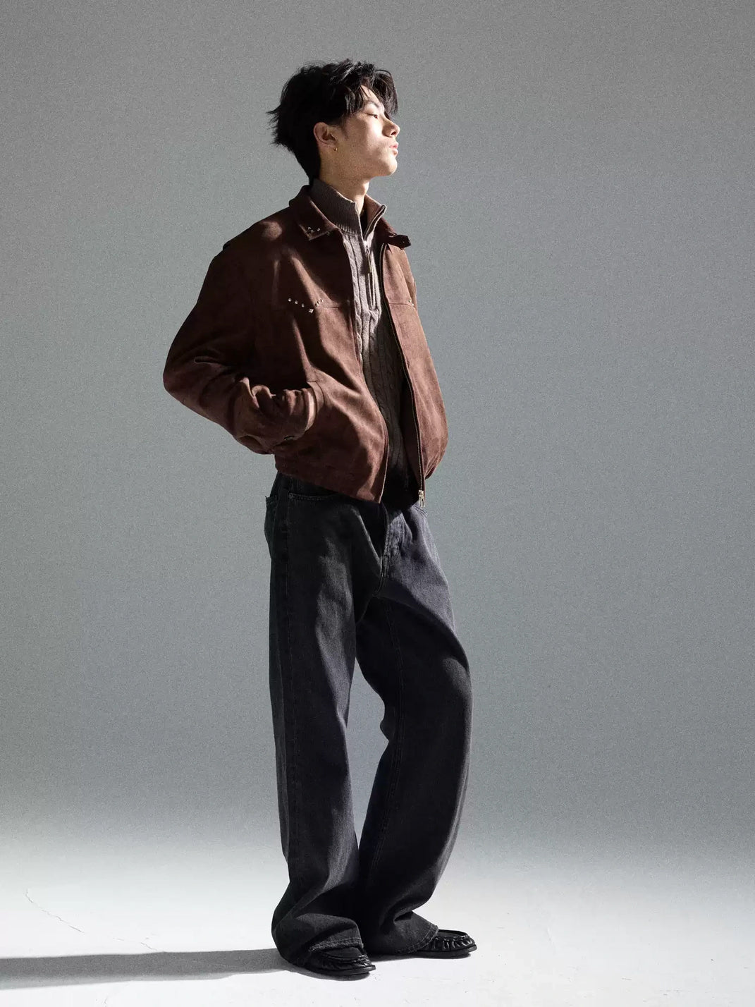 Coffee Brown Studded Collar Zip Jacket - product view 4