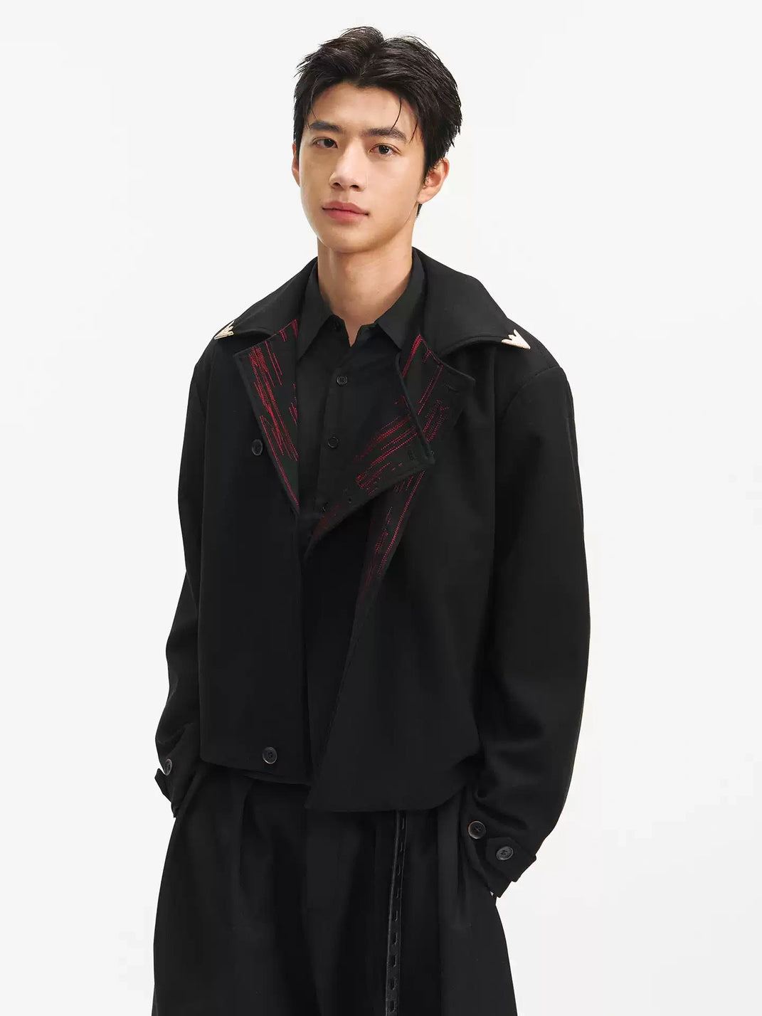 Black Red Lapel Ornate Button Jacket - product view 3
