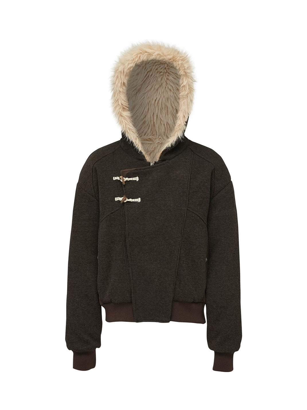 Brown Plush Hood Asymmetric Toggle Jacket - product view 1