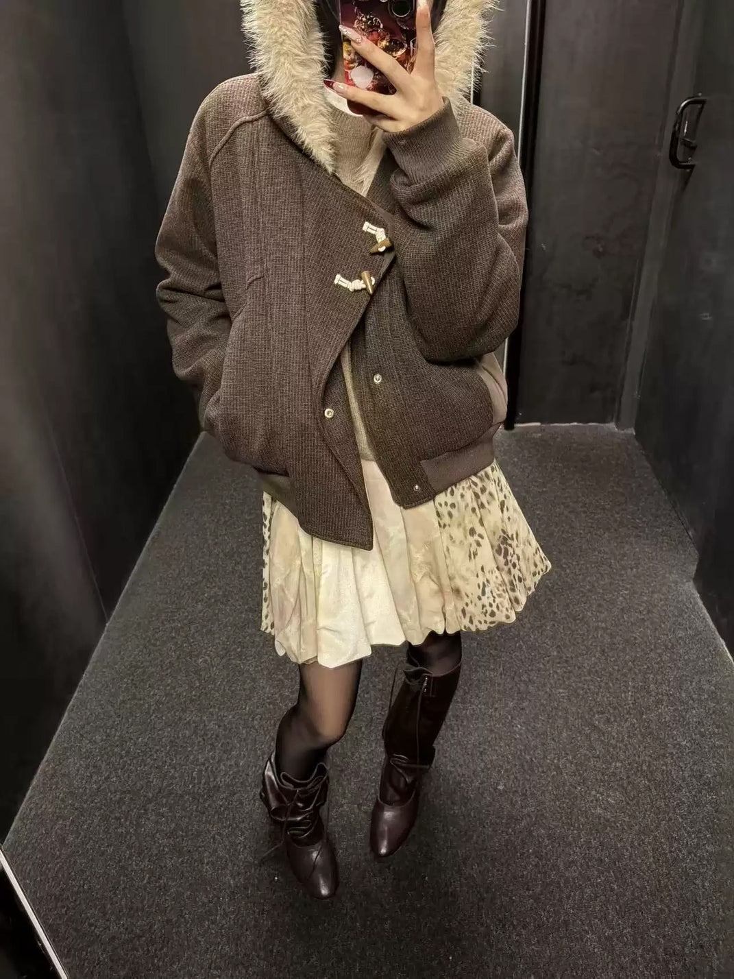 Brown Plush Hood Asymmetric Toggle Jacket - product view 5