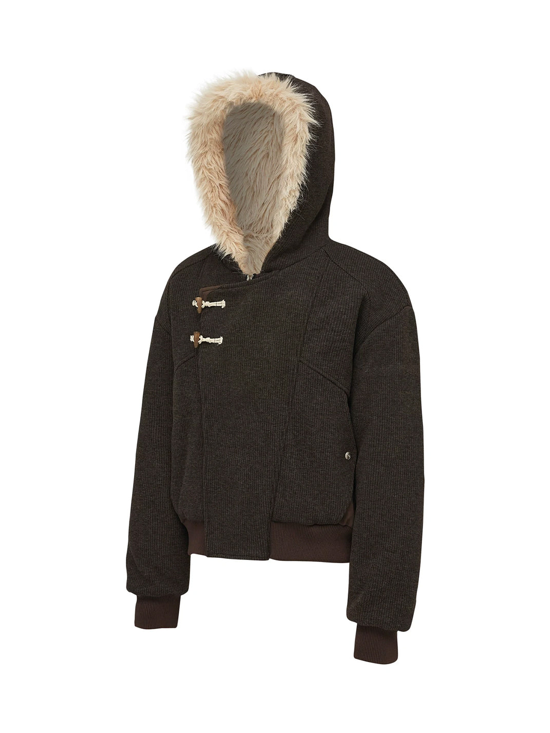 Brown Plush Hood Asymmetric Toggle Jacket - product view 6