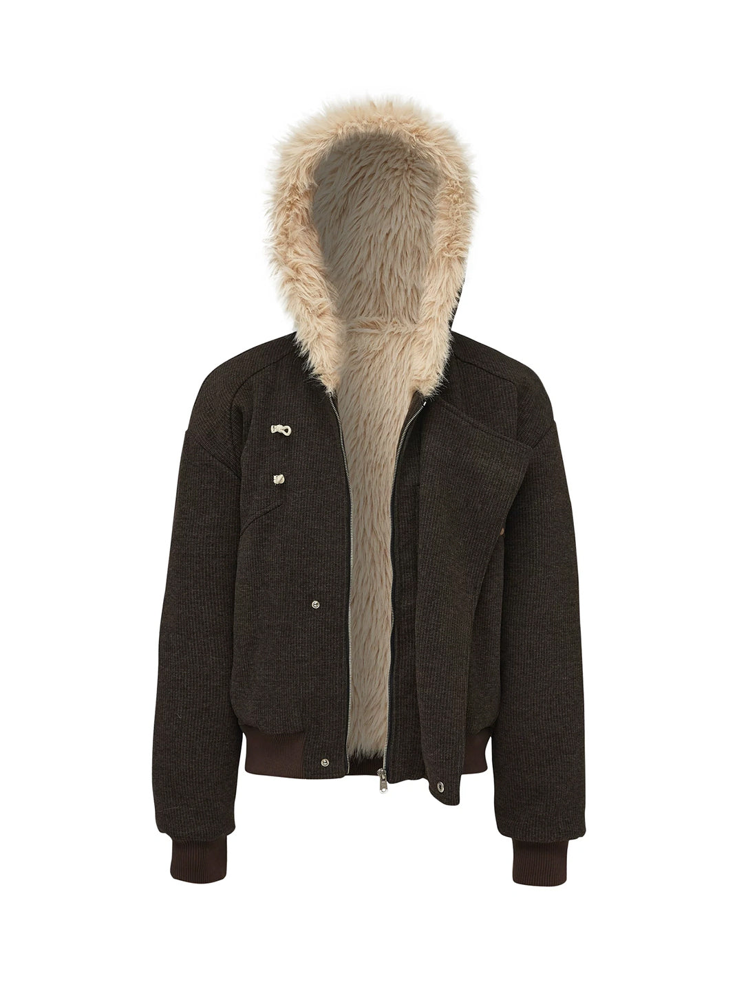 Brown Plush Hood Asymmetric Toggle Jacket - product view 7