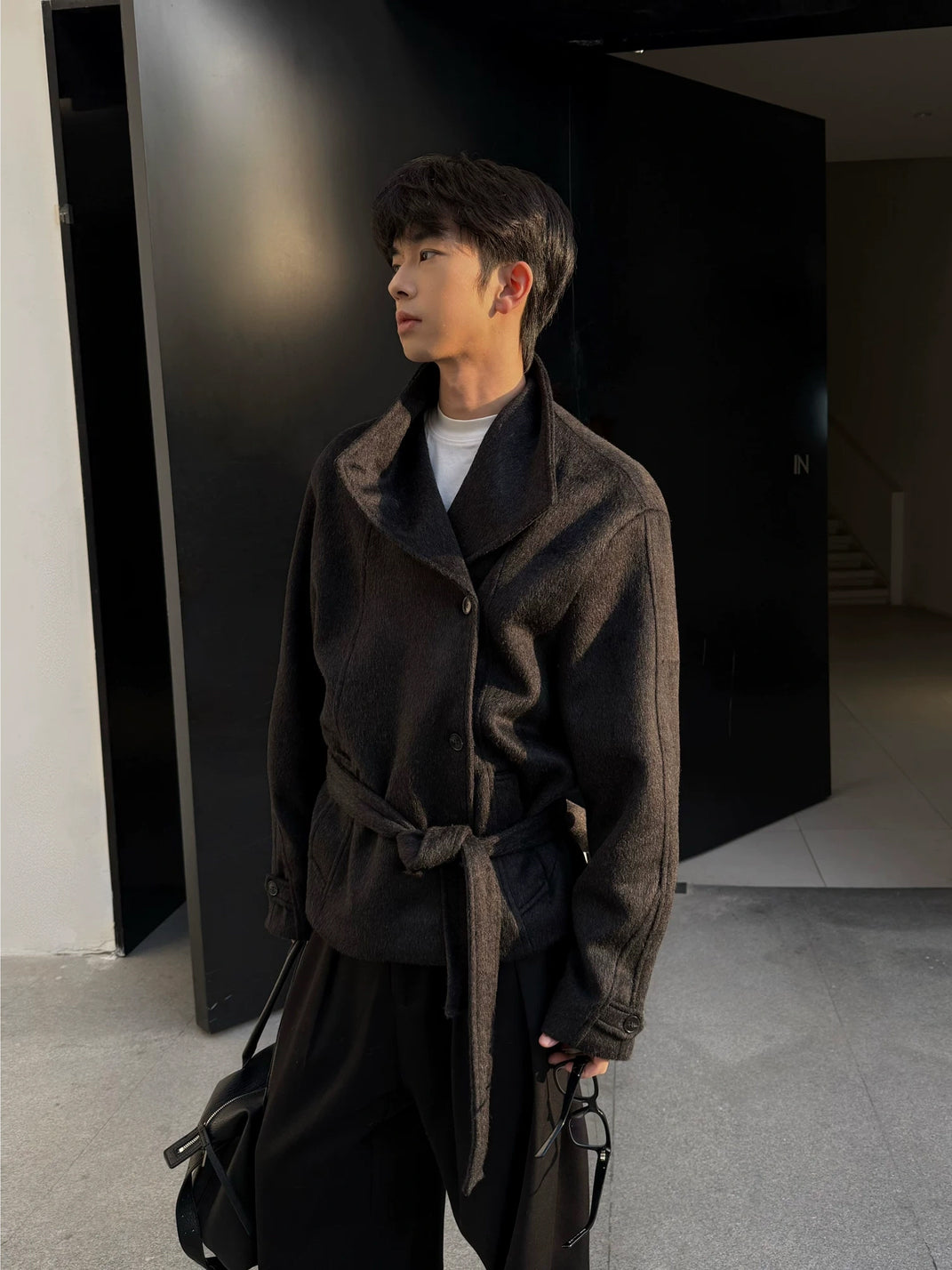 Black Belted Convertible Collar Wool Jacket - product view 2