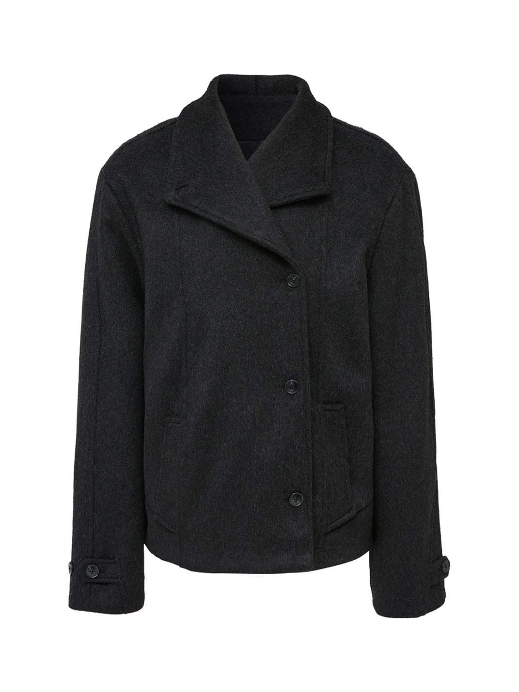 Black Belted Convertible Collar Wool Jacket - product view 4